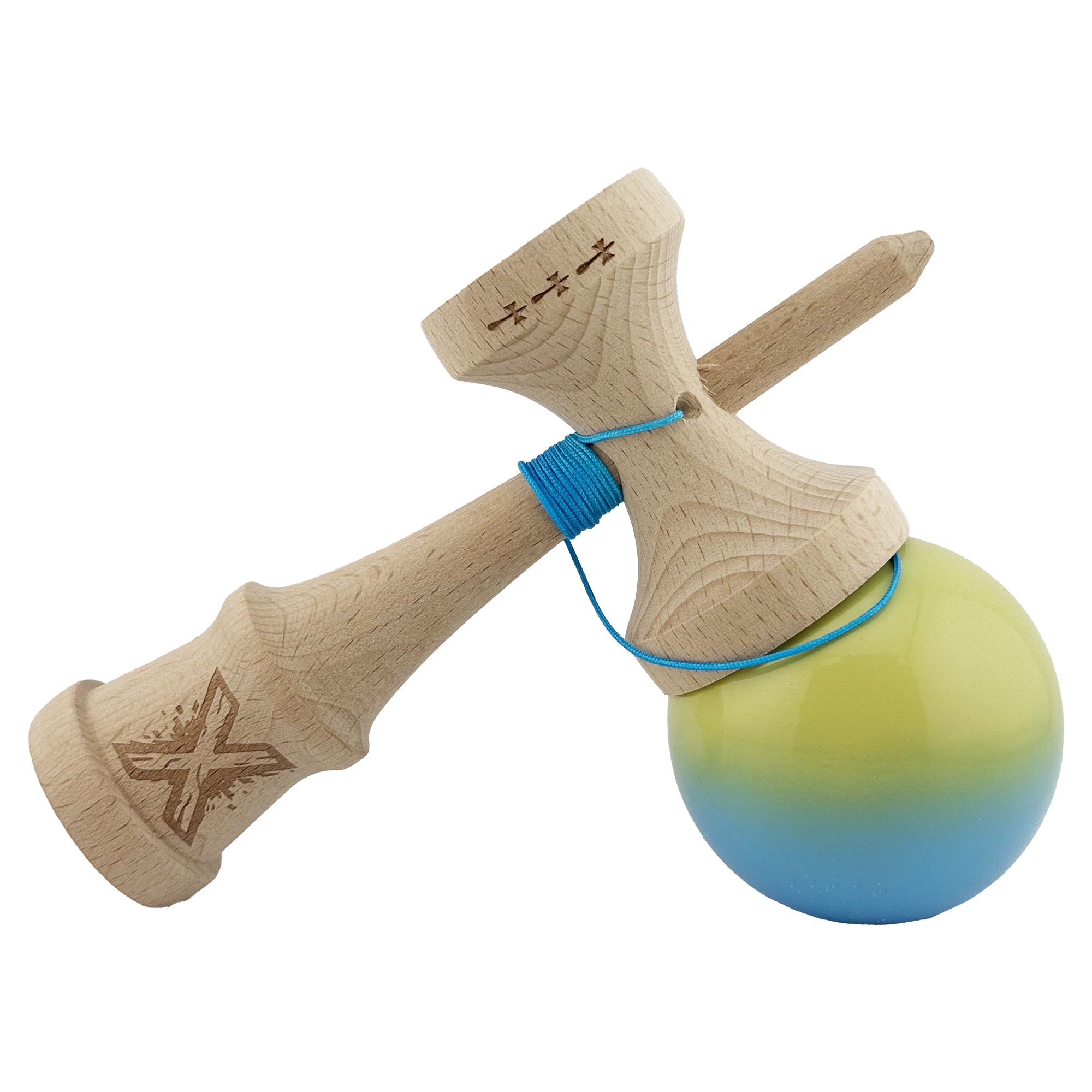 Kendama X Originala, Profesionala, Flippy, Big Cups V2, Super Sticky cu Cupe Mari, din lemn 18 cm, Rulment Metalic cu Ata 55 cm, Galben/Albastru