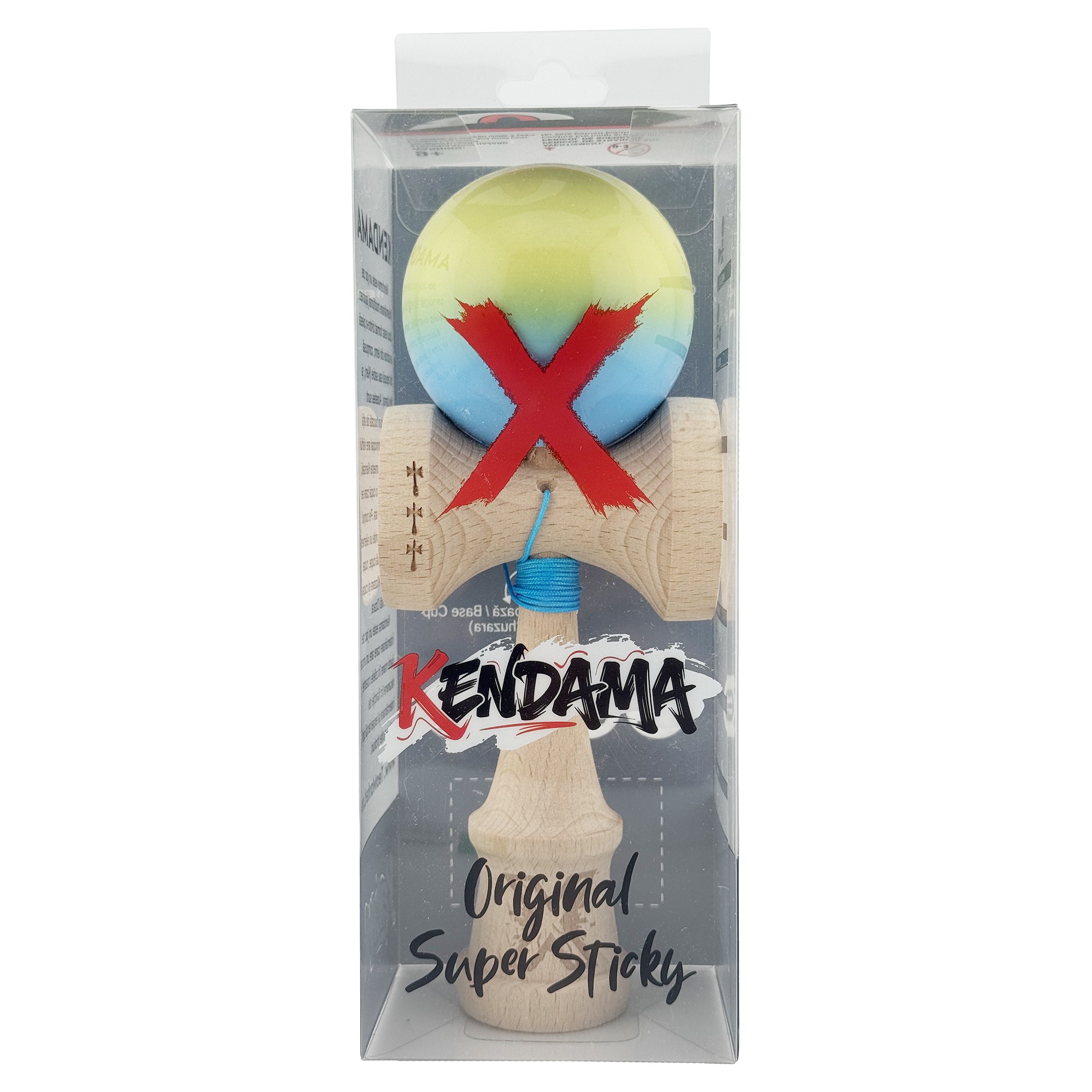 Kendama X Originala, Profesionala, Flippy, Big Cups V2, Super Sticky cu Cupe Mari, din lemn 18 cm, Rulment Metalic cu Ata 55 cm, Galben/Albastru