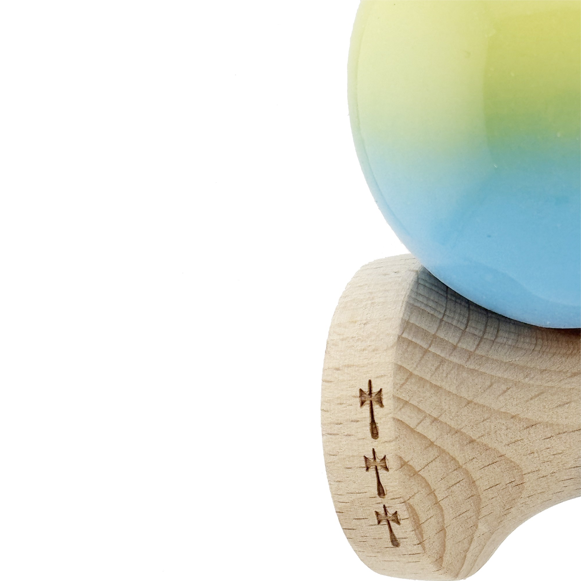 Kendama X Originala, Profesionala, Flippy, Big Cups V2, Super Sticky cu Cupe Mari, din lemn 18 cm, Rulment Metalic cu Ata 55 cm, Galben/Albastru
