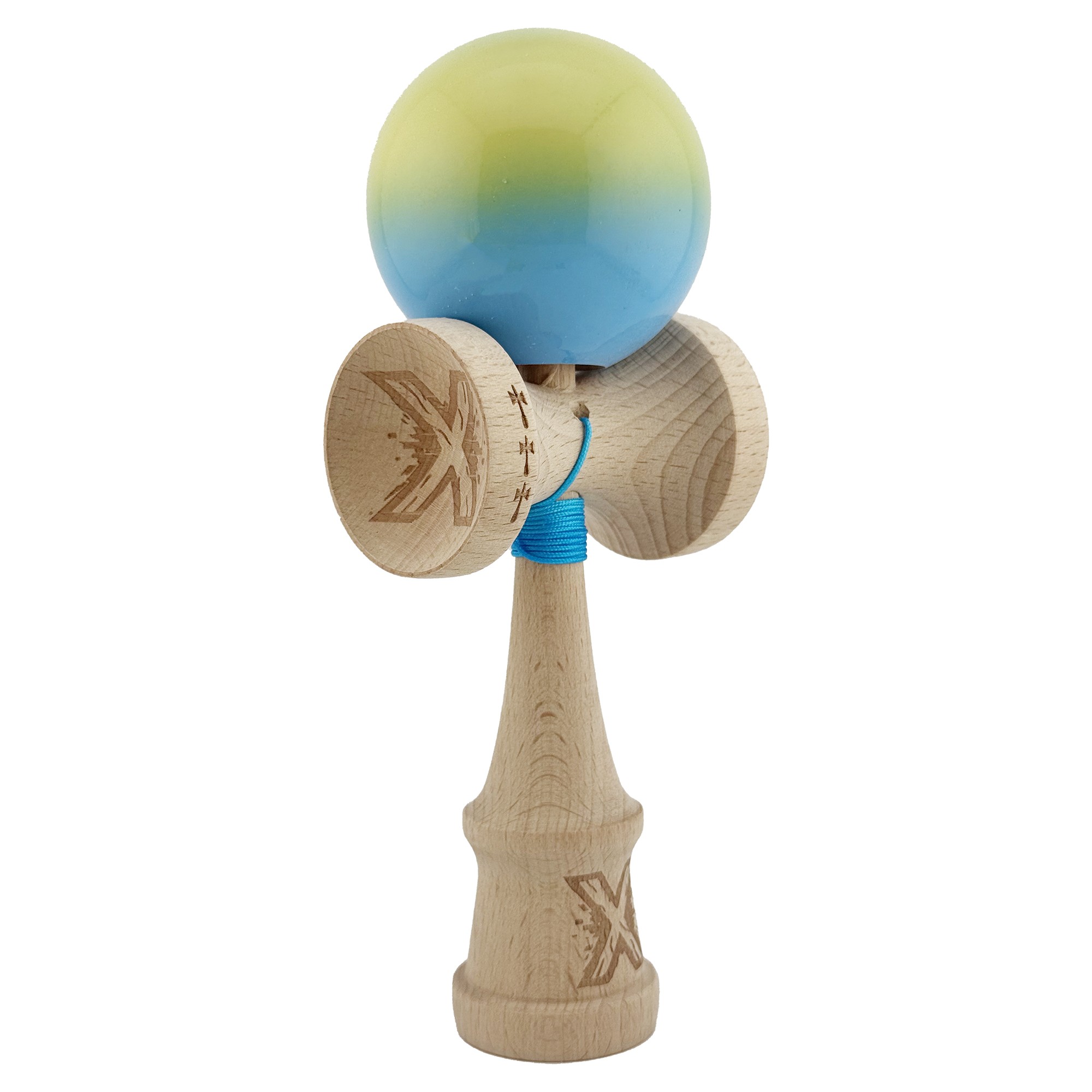 Kendama X Originala, Profesionala, Flippy, Big Cups V2, Super Sticky cu Cupe Mari, din lemn 18 cm, Rulment Metalic cu Ata 55 cm, Galben/Albastru