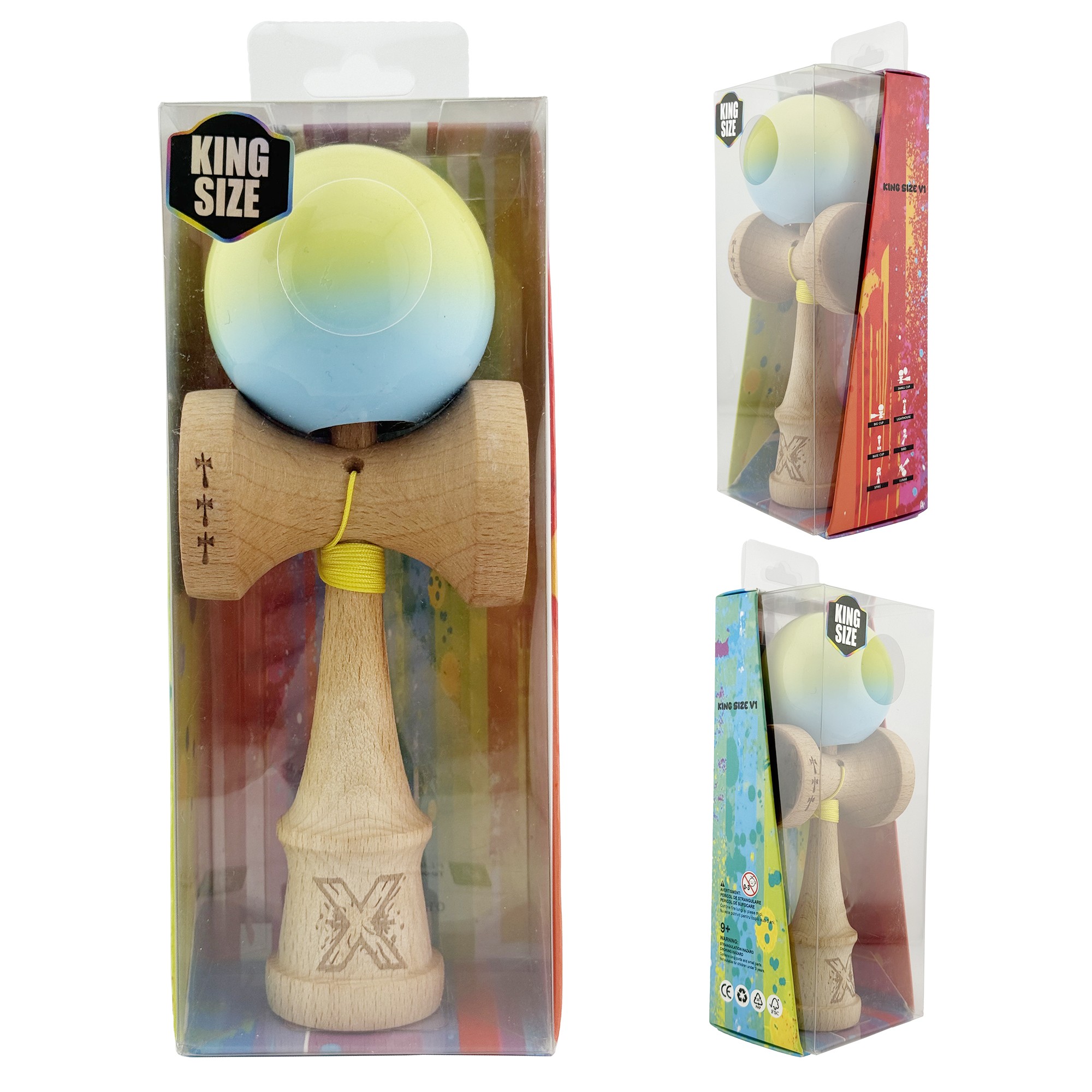 Kendama X Originala, Profesionala, Flippy, Big Cups V2, Super Sticky cu Cupe Mari, din lemn 18 cm, Rulment Metalic cu Ata 55 cm, Galben/Albastru