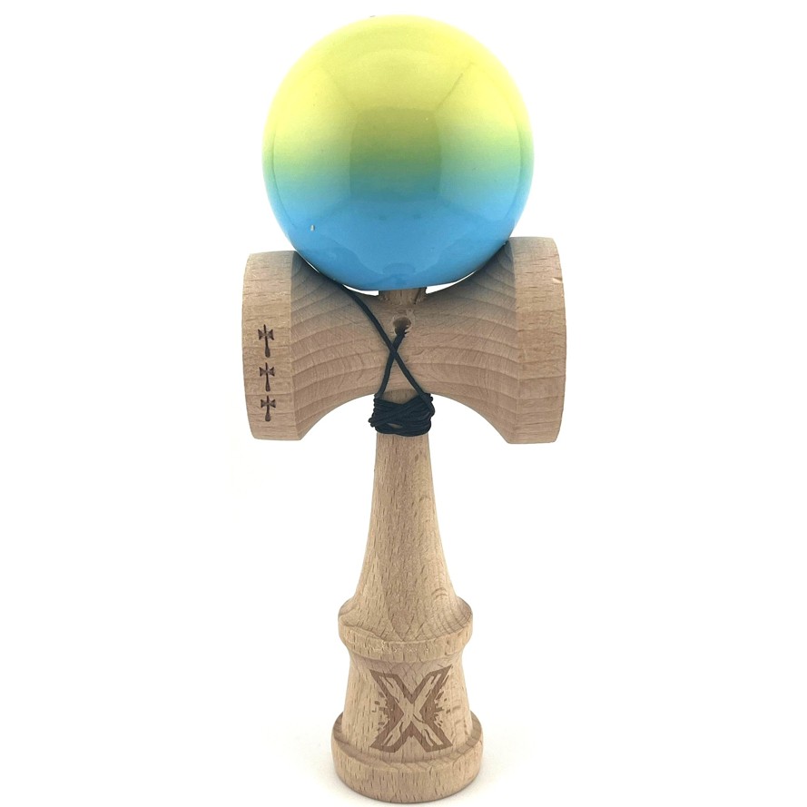 Kendama X Originala, Profesionala, Flippy, Big Cups V2, Super Sticky cu Cupe Mari, din lemn 18 cm, Rulment Metalic cu Ata 55 cm, Galben/Verde/Albastru