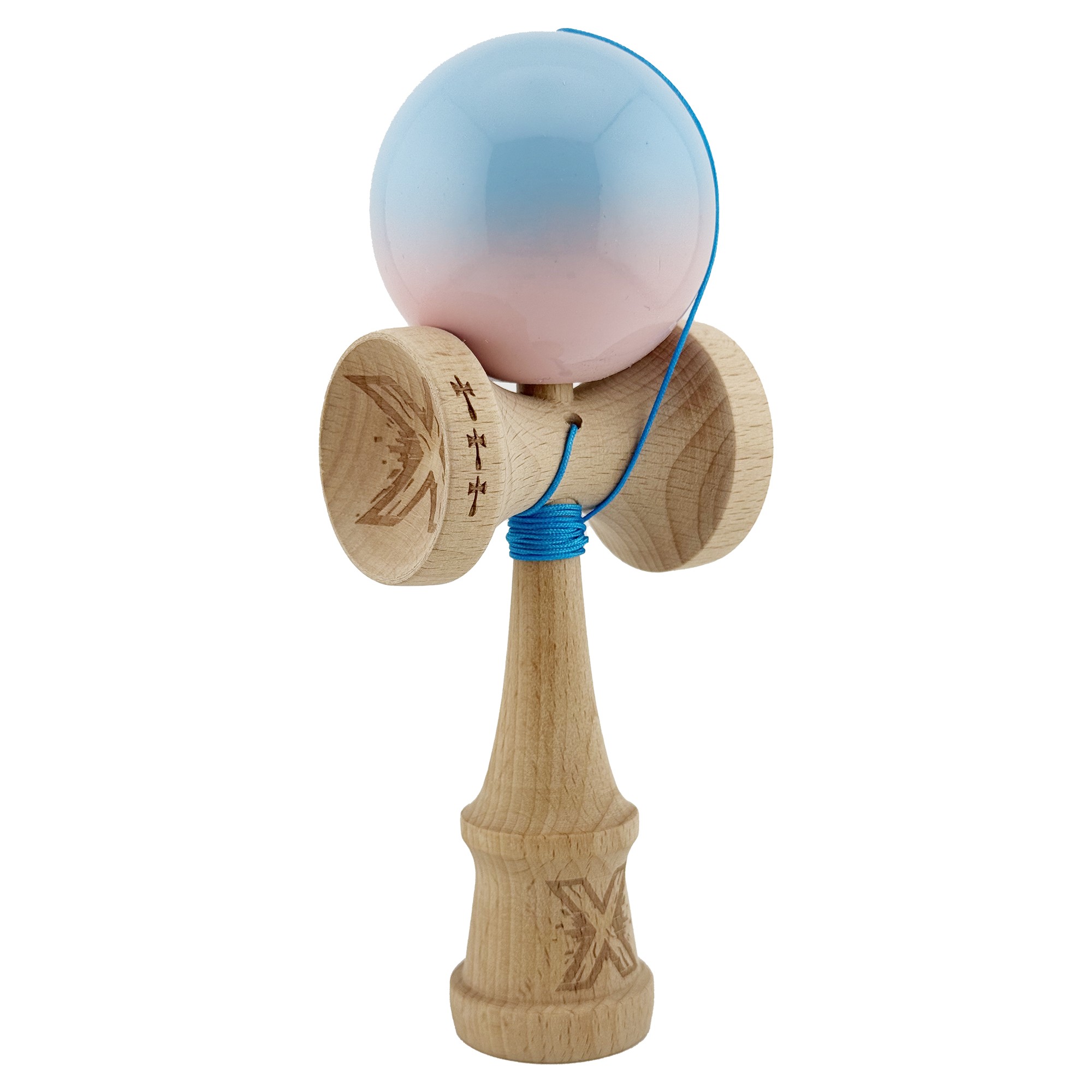 Kendama X Originala, Profesionala, Flippy, Big Cups V2, Super Sticky cu Cupe Mari, din lemn 18 cm, Rulment Metalic cu Ata 55 cm, Albastru deschis/Roz