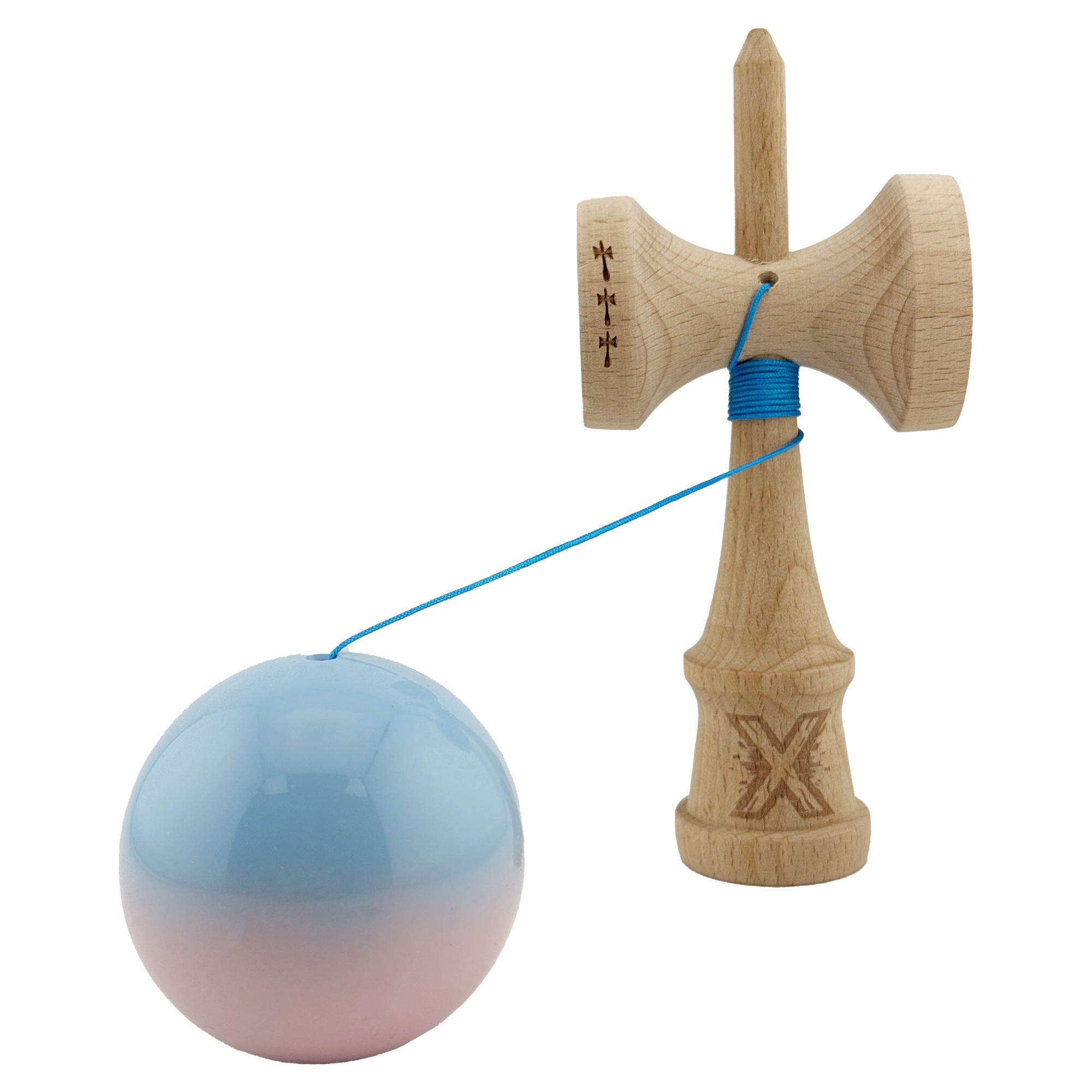 Kendama X Originala, Profesionala, Flippy, Big Cups V2, Super Sticky cu Cupe Mari, din lemn 18 cm, Rulment Metalic cu Ata 55 cm, Albastru deschis/Roz