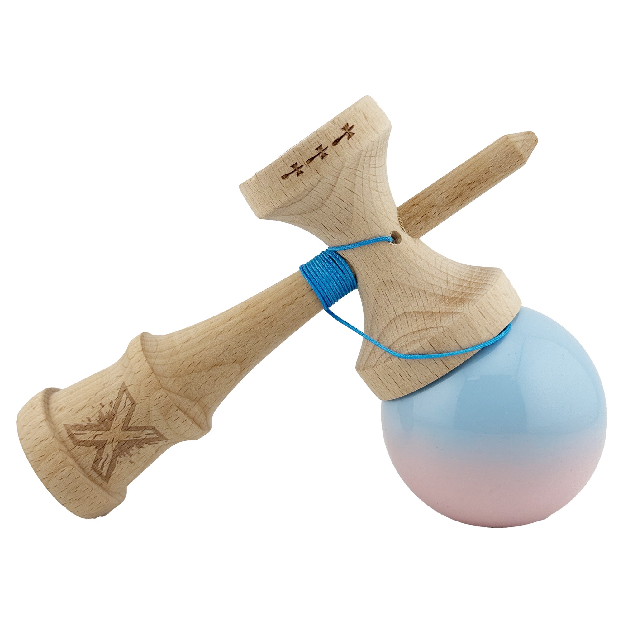 Kendama X Originala, Profesionala, Flippy, Big Cups V2, Super Sticky cu Cupe Mari, din lemn 18 cm, Rulment Metalic cu Ata 55 cm, Albastru deschis/Roz