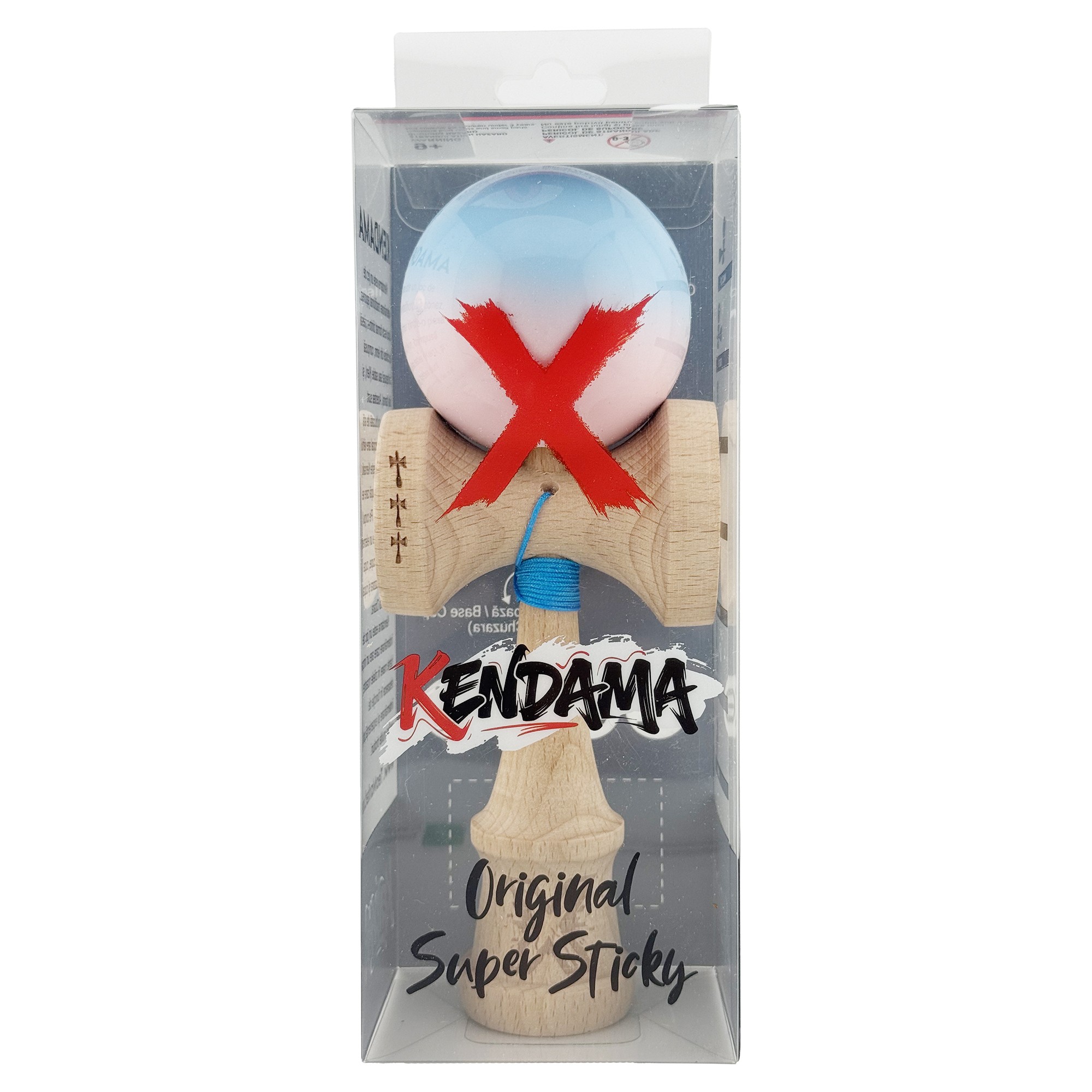 Kendama X Originala, Profesionala, Flippy, Big Cups V2, Super Sticky cu Cupe Mari, din lemn 18 cm, Rulment Metalic cu Ata 55 cm, Albastru deschis/Roz
