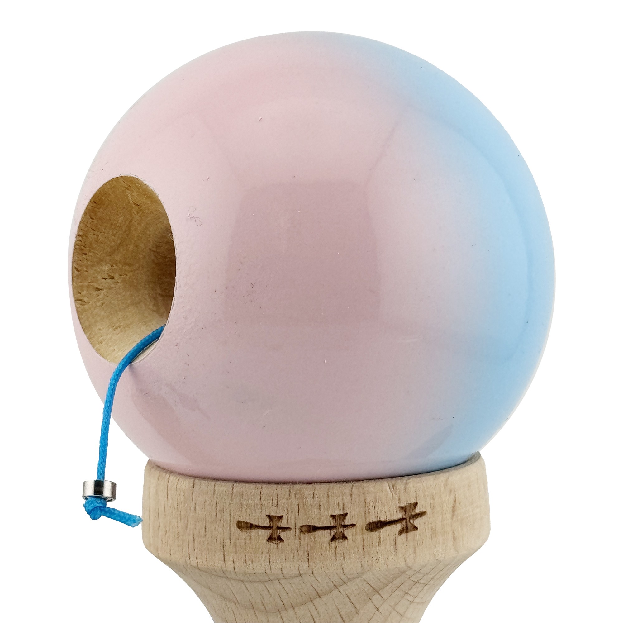 Kendama X Originala, Profesionala, Flippy, Big Cups V2, Super Sticky cu Cupe Mari, din lemn 18 cm, Rulment Metalic cu Ata 55 cm, Albastru deschis/Roz