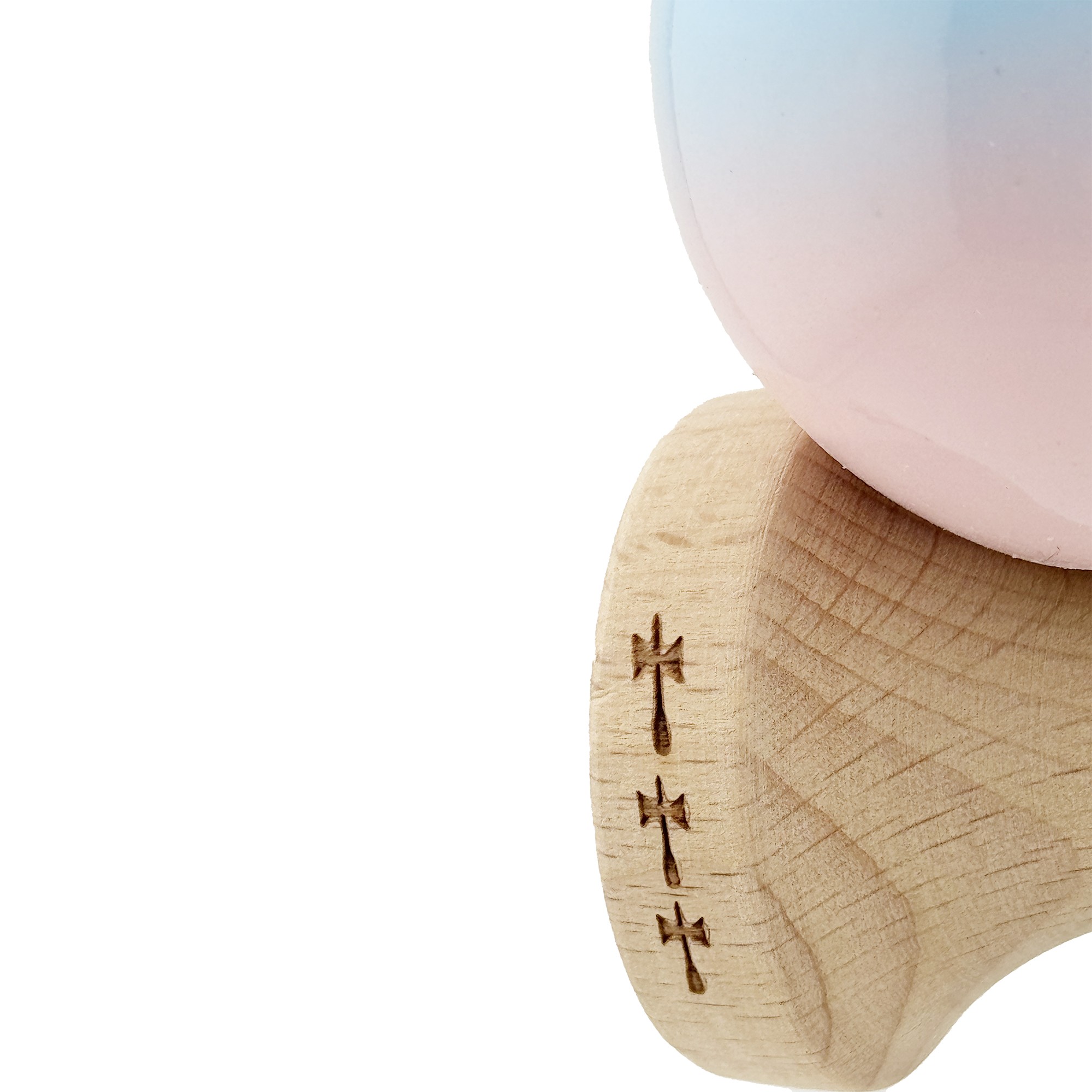 Kendama X Originala, Profesionala, Flippy, Big Cups V2, Super Sticky cu Cupe Mari, din lemn 18 cm, Rulment Metalic cu Ata 55 cm, Albastru deschis/Roz