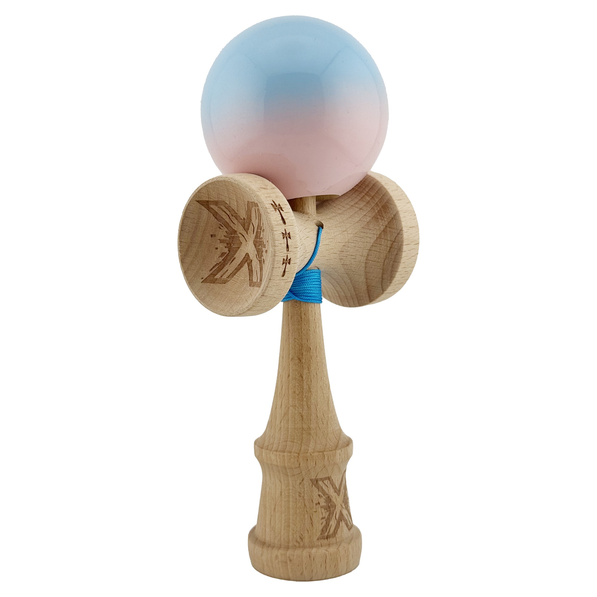 Kendama X Originala, Profesionala, Flippy, Big Cups V2, Super Sticky cu Cupe Mari, din lemn 18 cm, Rulment Metalic cu Ata 55 cm, Albastru deschis/Roz
