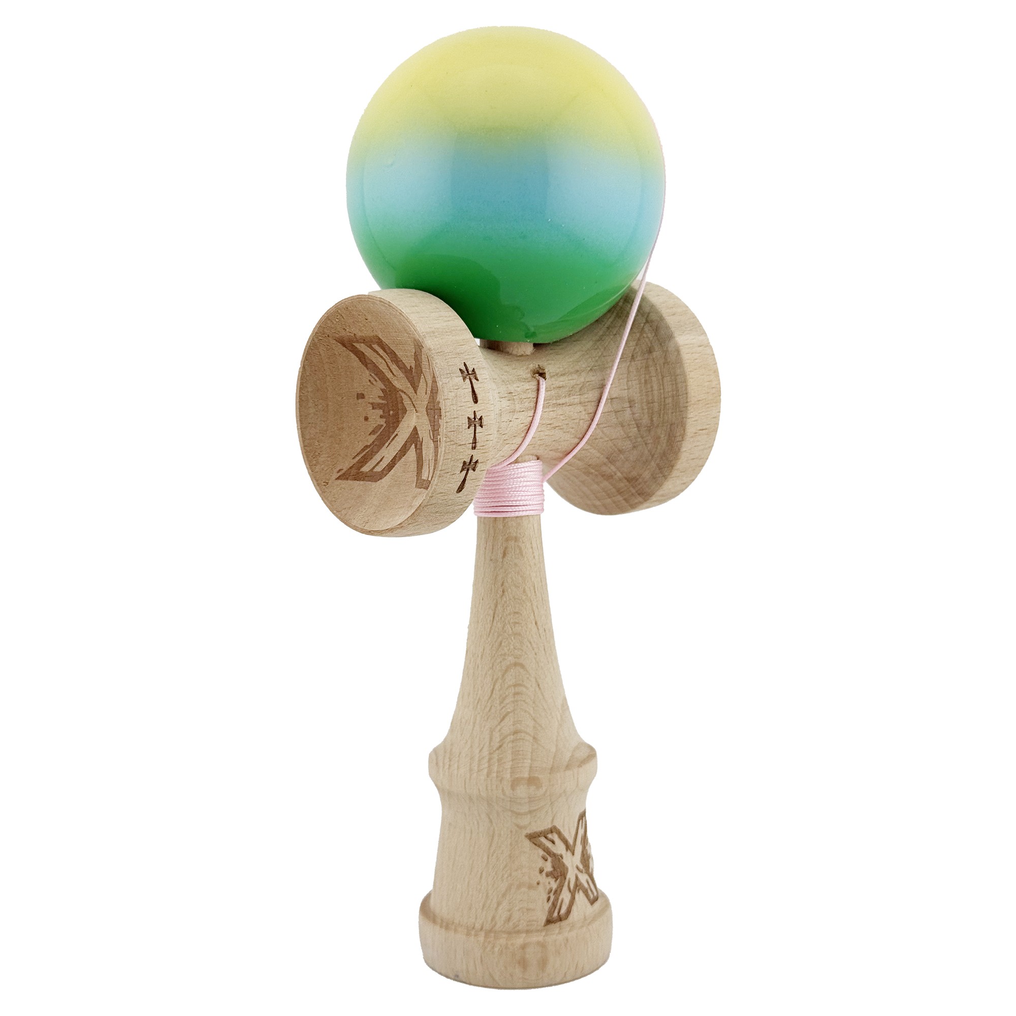 Kendama X Originala, Profesionala, Flippy, Big Cups V2, Super Sticky cu Cupe Mari, din lemn 18 cm, Rulment Metalic cu Ata 55 cm, Galben/Albastru/Verde