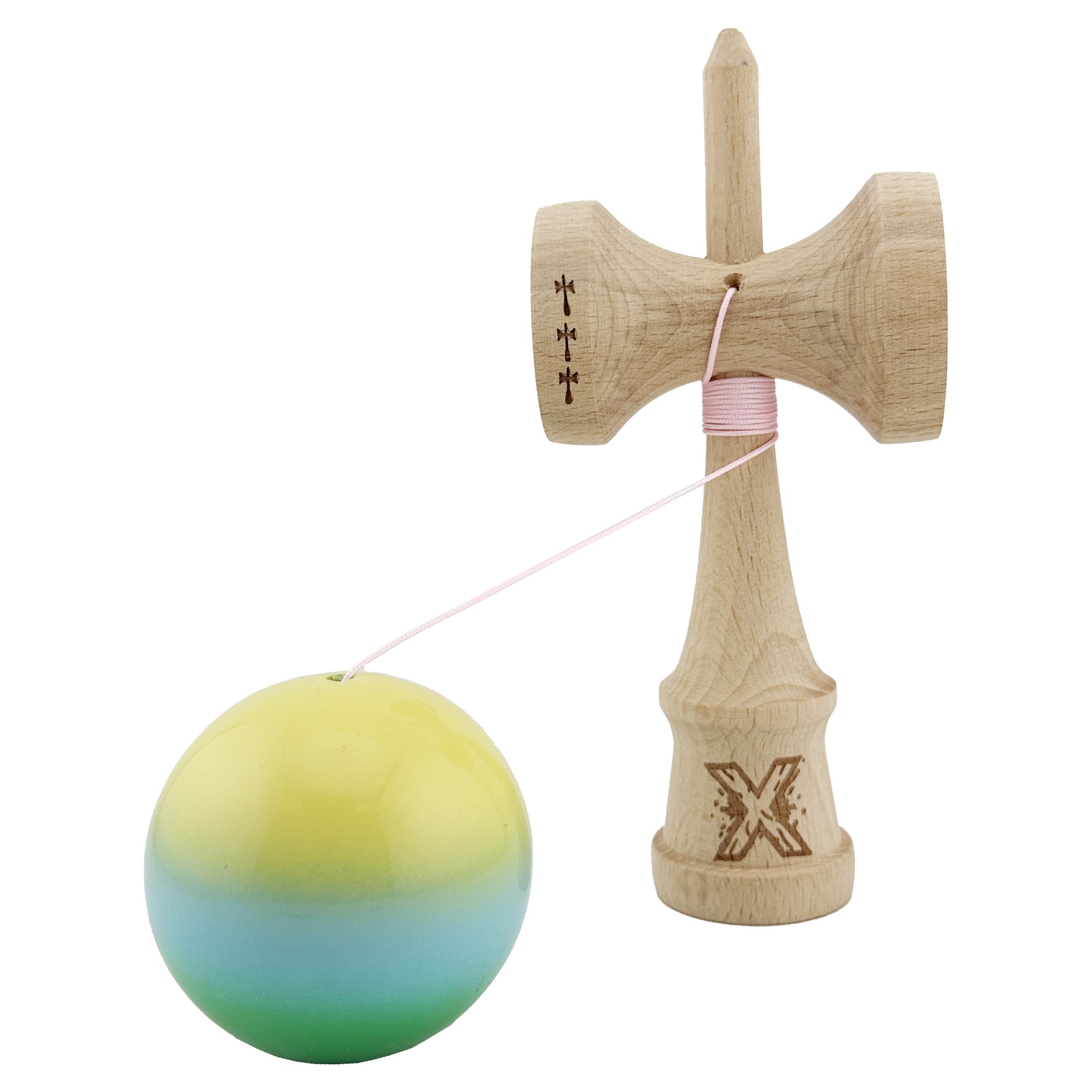Kendama X Originala, Profesionala, Flippy, Big Cups V2, Super Sticky cu Cupe Mari, din lemn 18 cm, Rulment Metalic cu Ata 55 cm, Galben/Albastru/Verde