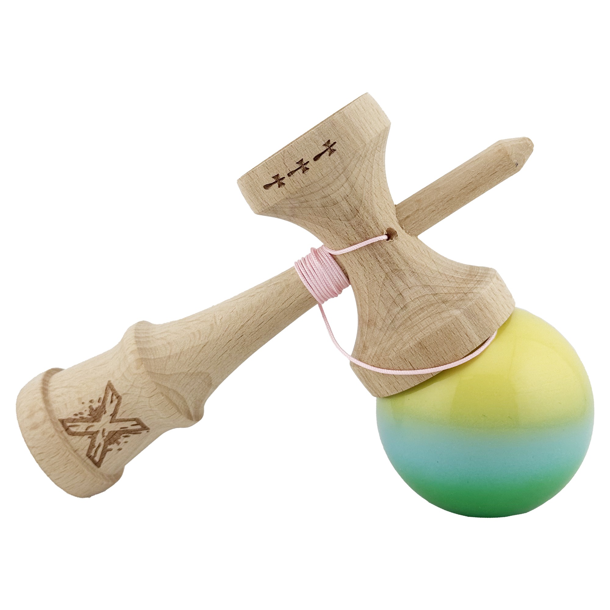 Kendama X Originala, Profesionala, Flippy, Big Cups V2, Super Sticky cu Cupe Mari, din lemn 18 cm, Rulment Metalic cu Ata 55 cm, Galben/Albastru/Verde
