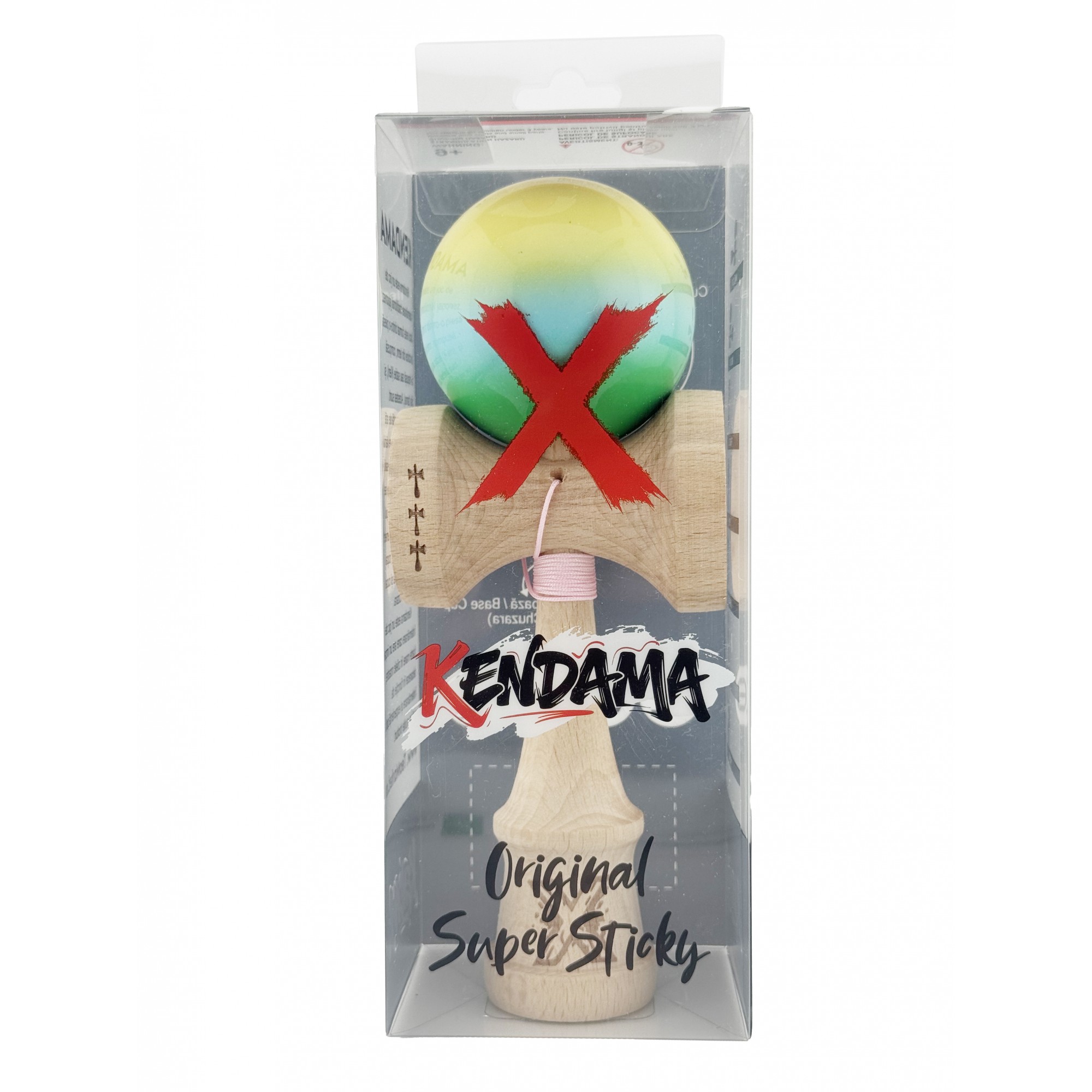 Kendama X Originala, Profesionala, Flippy, Big Cups V2, Super Sticky cu Cupe Mari, din lemn 18 cm, Rulment Metalic cu Ata 55 cm, Galben/Albastru/Verde