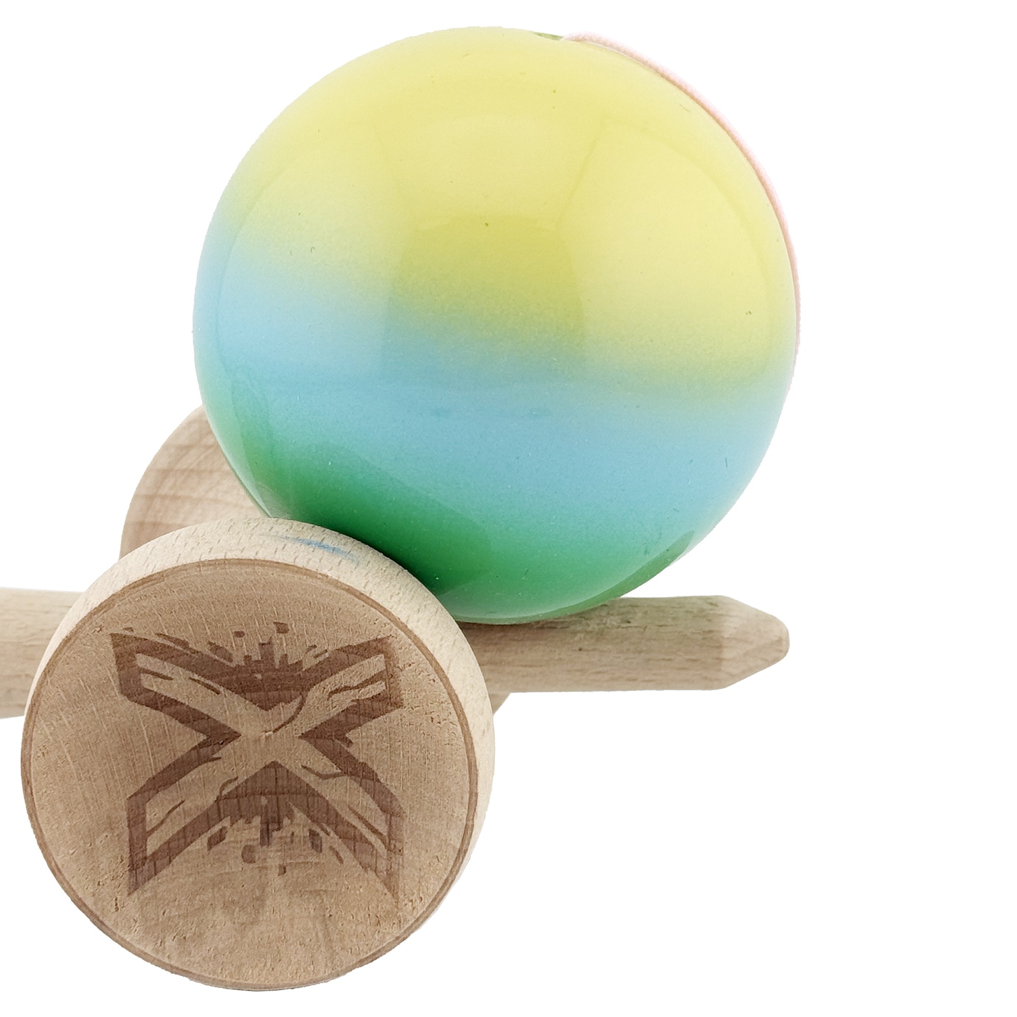 Kendama X Originala, Profesionala, Flippy, Big Cups V2, Super Sticky cu Cupe Mari, din lemn 18 cm, Rulment Metalic cu Ata 55 cm, Galben/Albastru/Verde