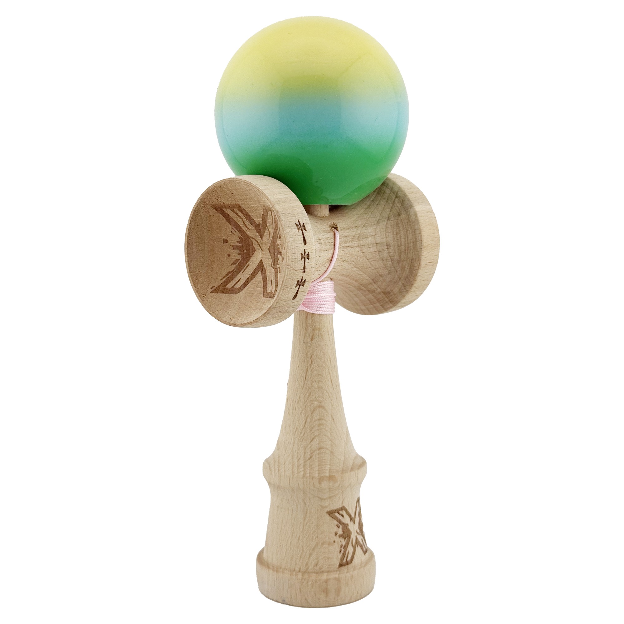 Kendama X Originala, Profesionala, Flippy, Big Cups V2, Super Sticky cu Cupe Mari, din lemn 18 cm, Rulment Metalic cu Ata 55 cm, Galben/Albastru/Verde