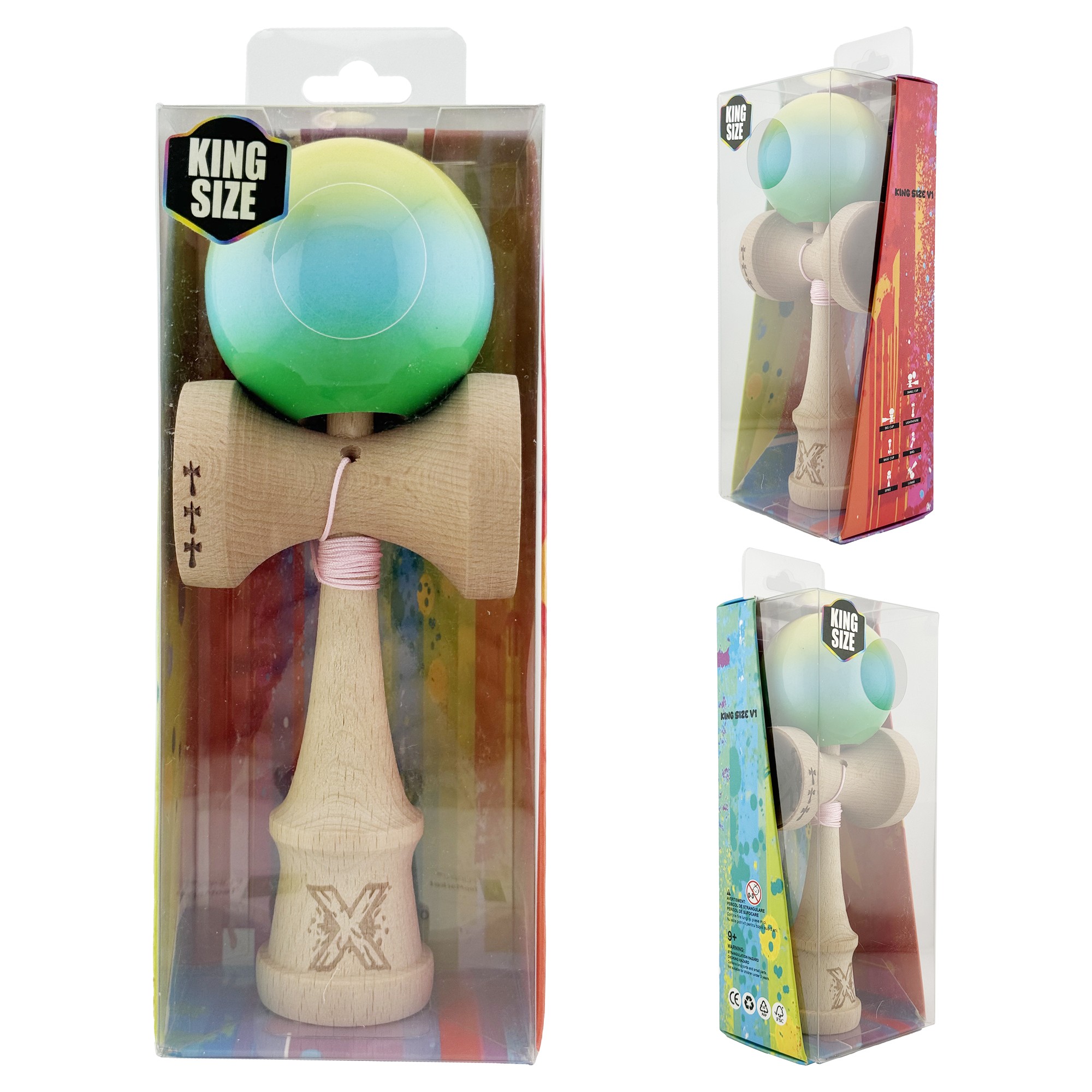 Kendama X Originala, Profesionala, Flippy, Big Cups V2, Super Sticky cu Cupe Mari, din lemn 18 cm, Rulment Metalic cu Ata 55 cm, Galben/Albastru/Verde