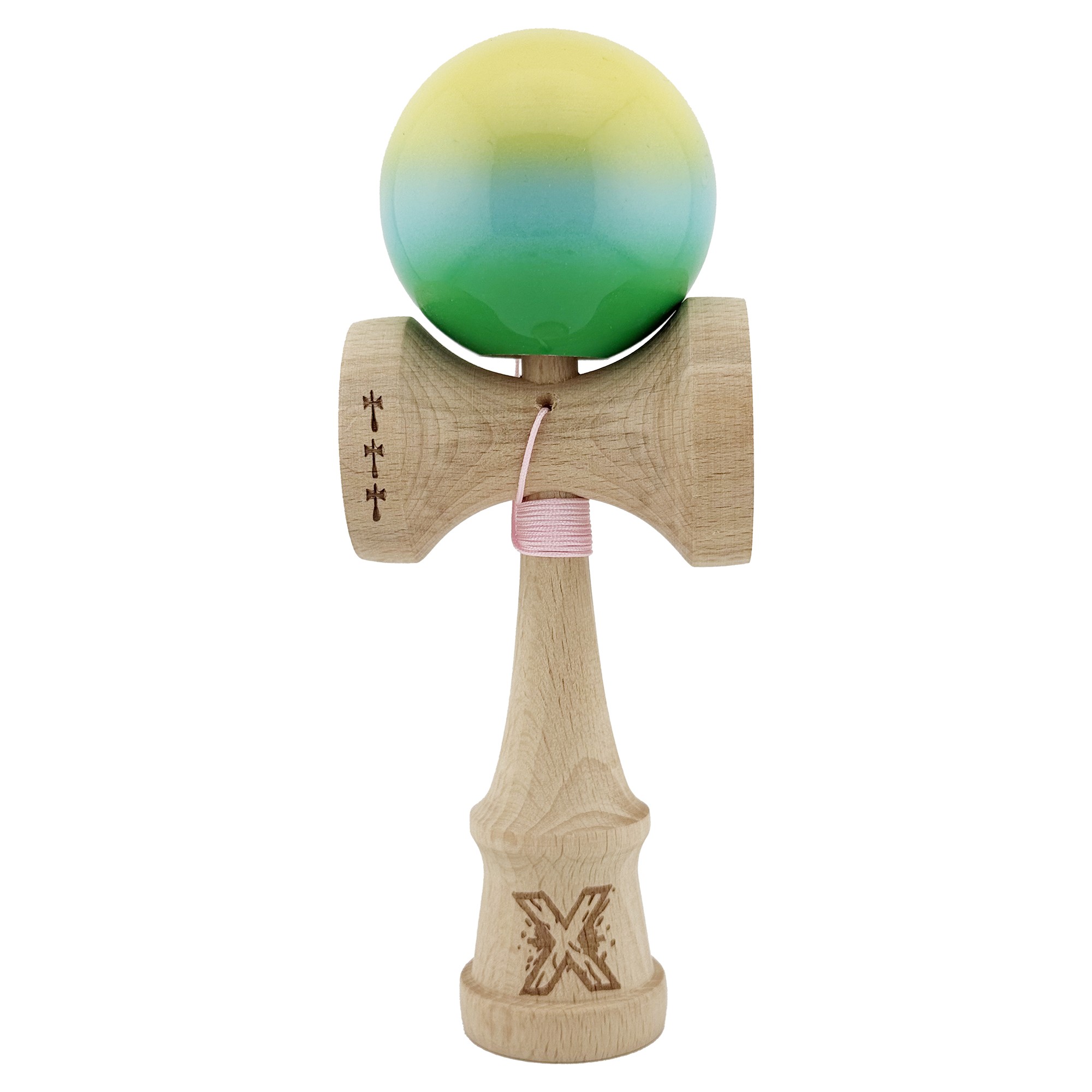 Kendama X Originala, Profesionala, Flippy, Big Cups V2, Super Sticky cu Cupe Mari, din lemn 18 cm, Rulment Metalic cu Ata 55 cm, Galben/Albastru/Verde