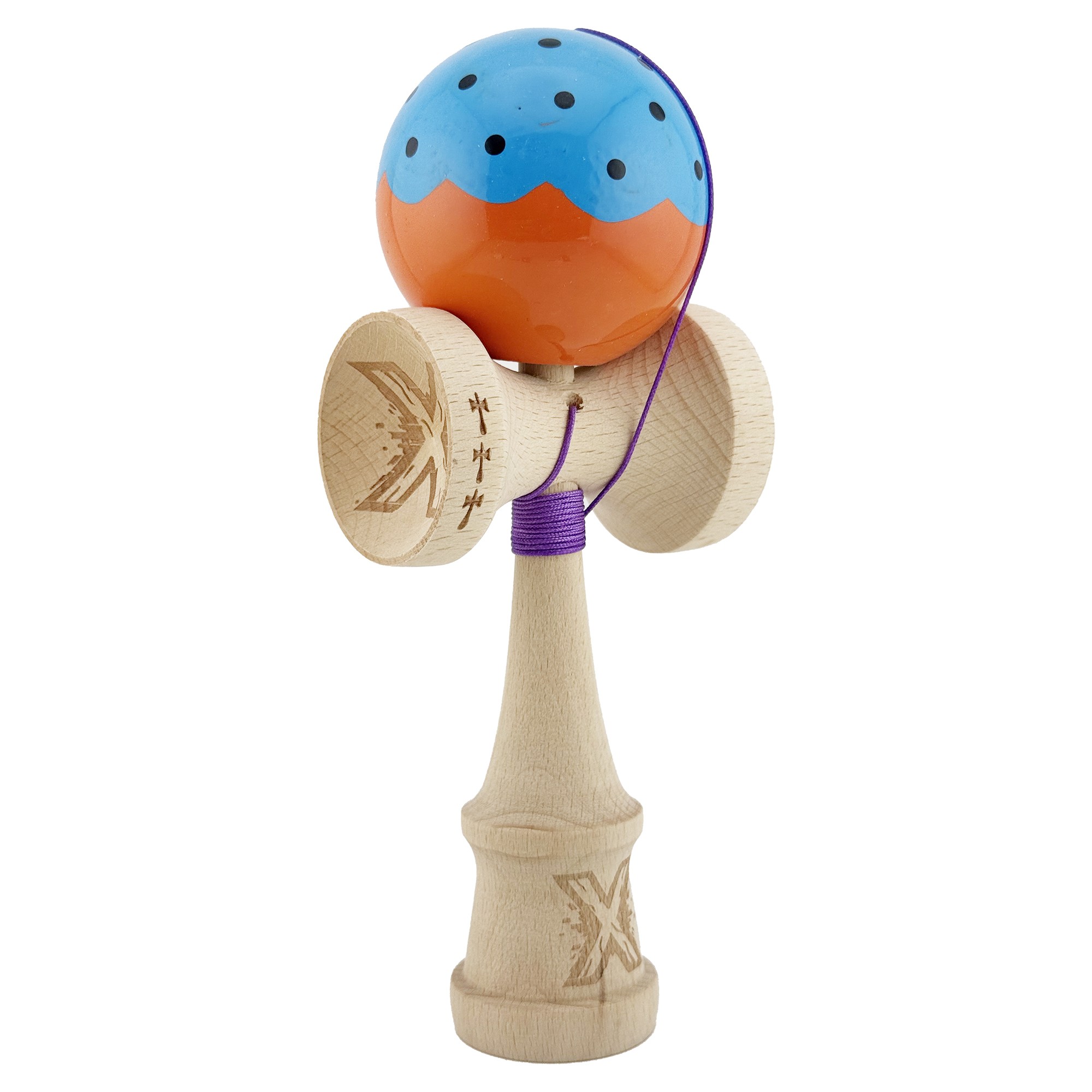 Kendama X Originala, Profesionala, Flippy, Big Cups V2, Super Sticky cu Cupe Mari, din lemn 18 cm, Rulment Metalic cu Ata 55 cm, Albastru/Portocaliu