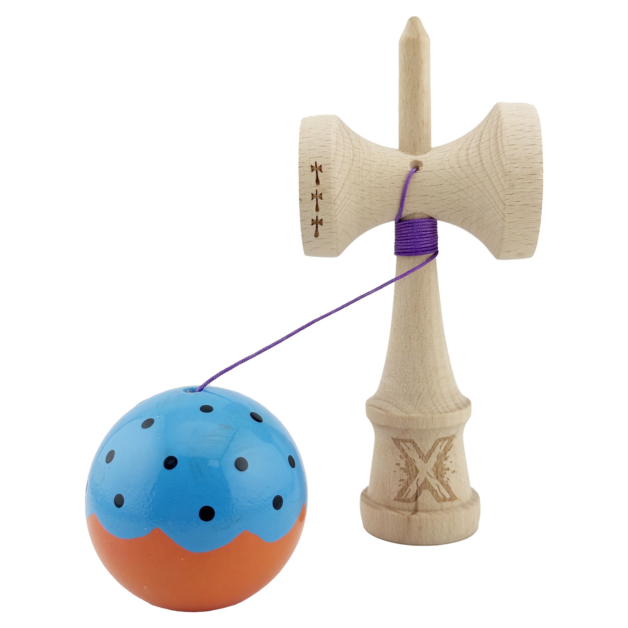 Kendama X Originala, Profesionala, Flippy, Big Cups V2, Super Sticky cu Cupe Mari, din lemn 18 cm, Rulment Metalic cu Ata 55 cm, Albastru/Portocaliu
