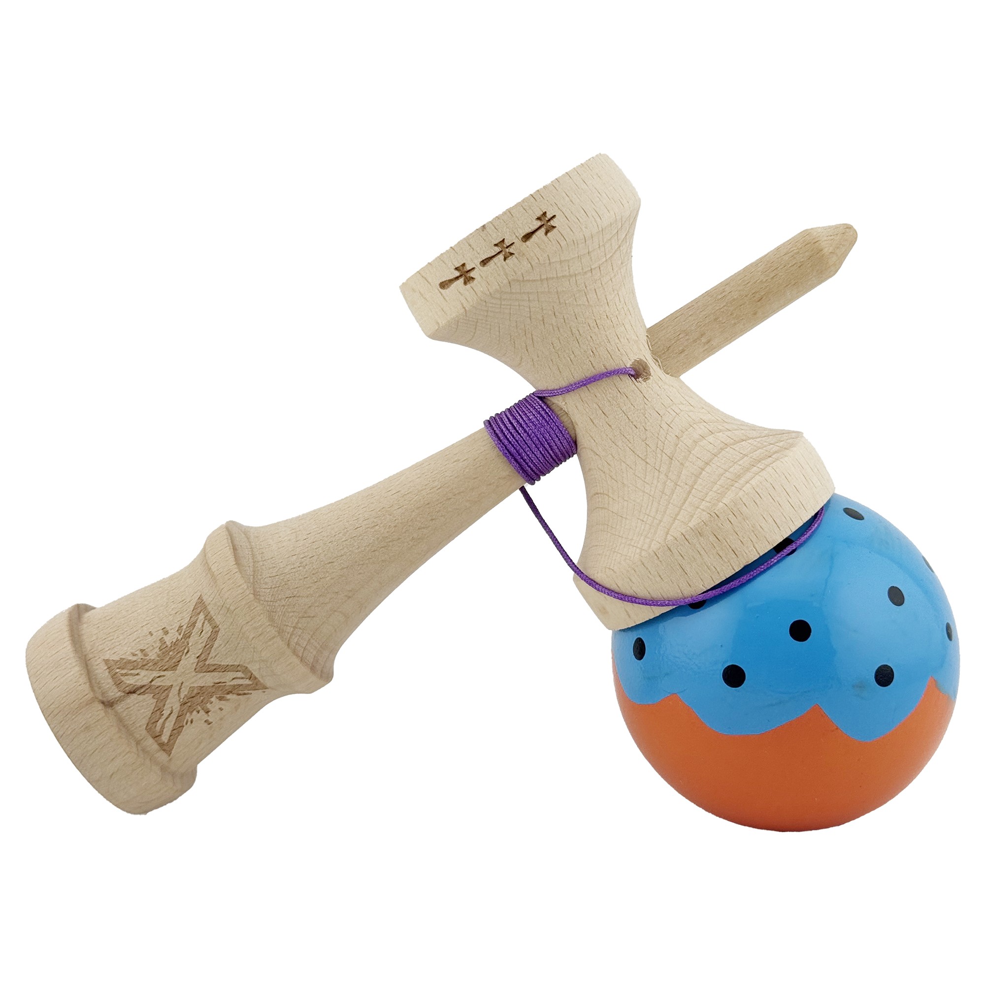 Kendama X Originala, Profesionala, Flippy, Big Cups V2, Super Sticky cu Cupe Mari, din lemn 18 cm, Rulment Metalic cu Ata 55 cm, Albastru/Portocaliu