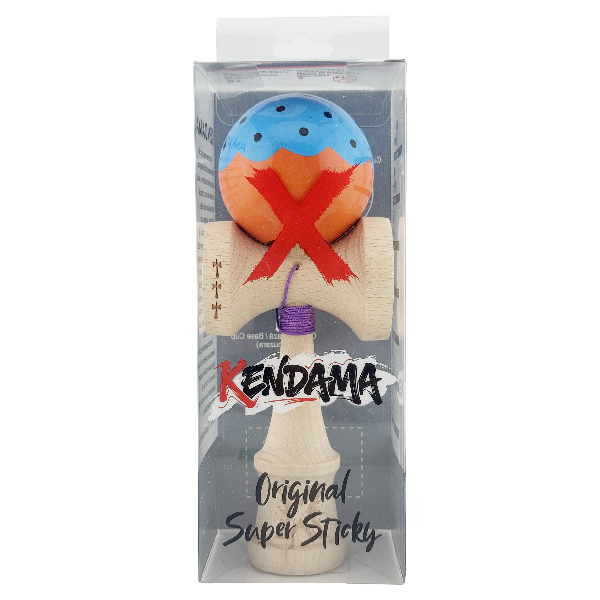 Kendama X Originala, Profesionala, Flippy, Big Cups V2, Super Sticky cu Cupe Mari, din lemn 18 cm, Rulment Metalic cu Ata 55 cm, Albastru/Portocaliu