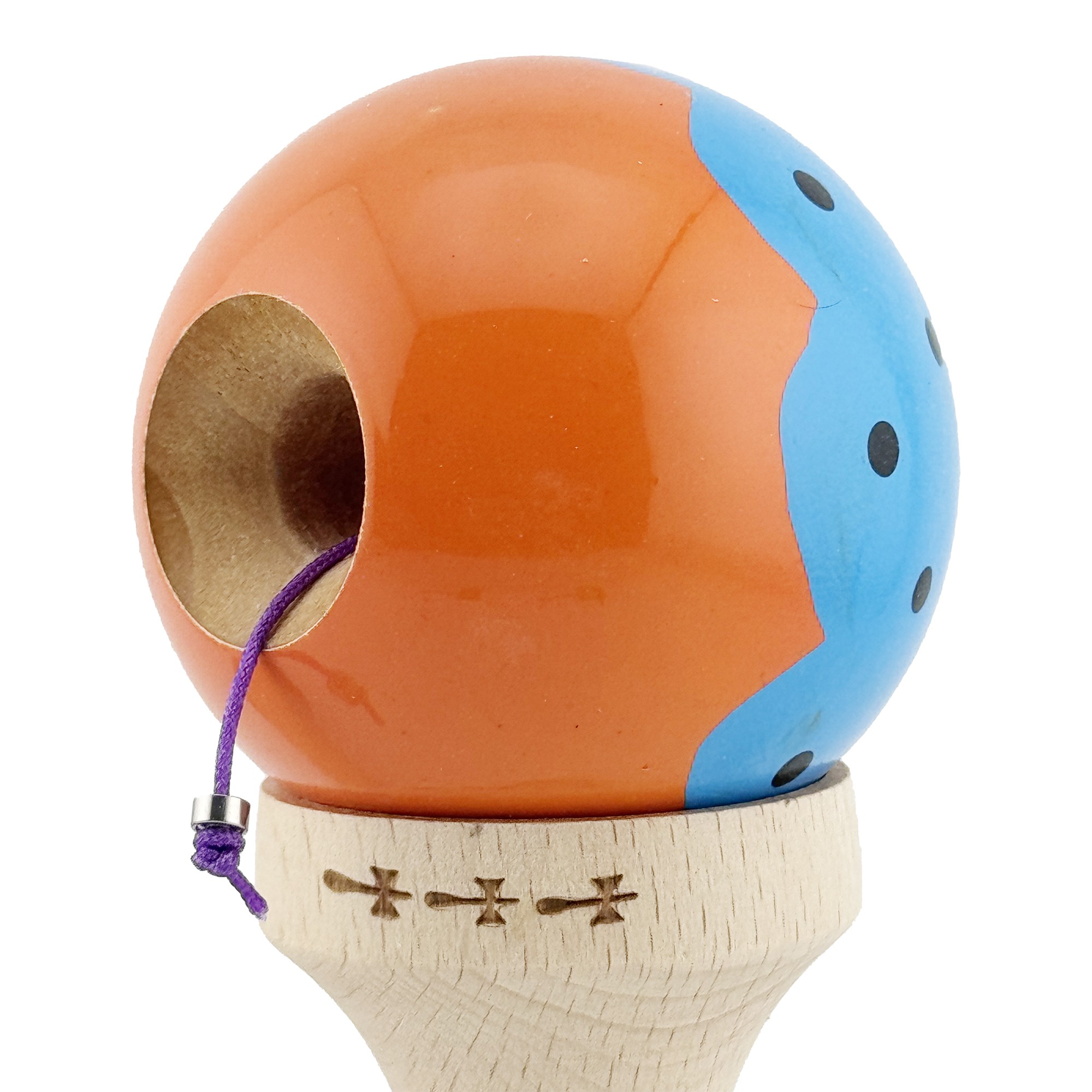 Kendama X Originala, Profesionala, Flippy, Big Cups V2, Super Sticky cu Cupe Mari, din lemn 18 cm, Rulment Metalic cu Ata 55 cm, Albastru/Portocaliu