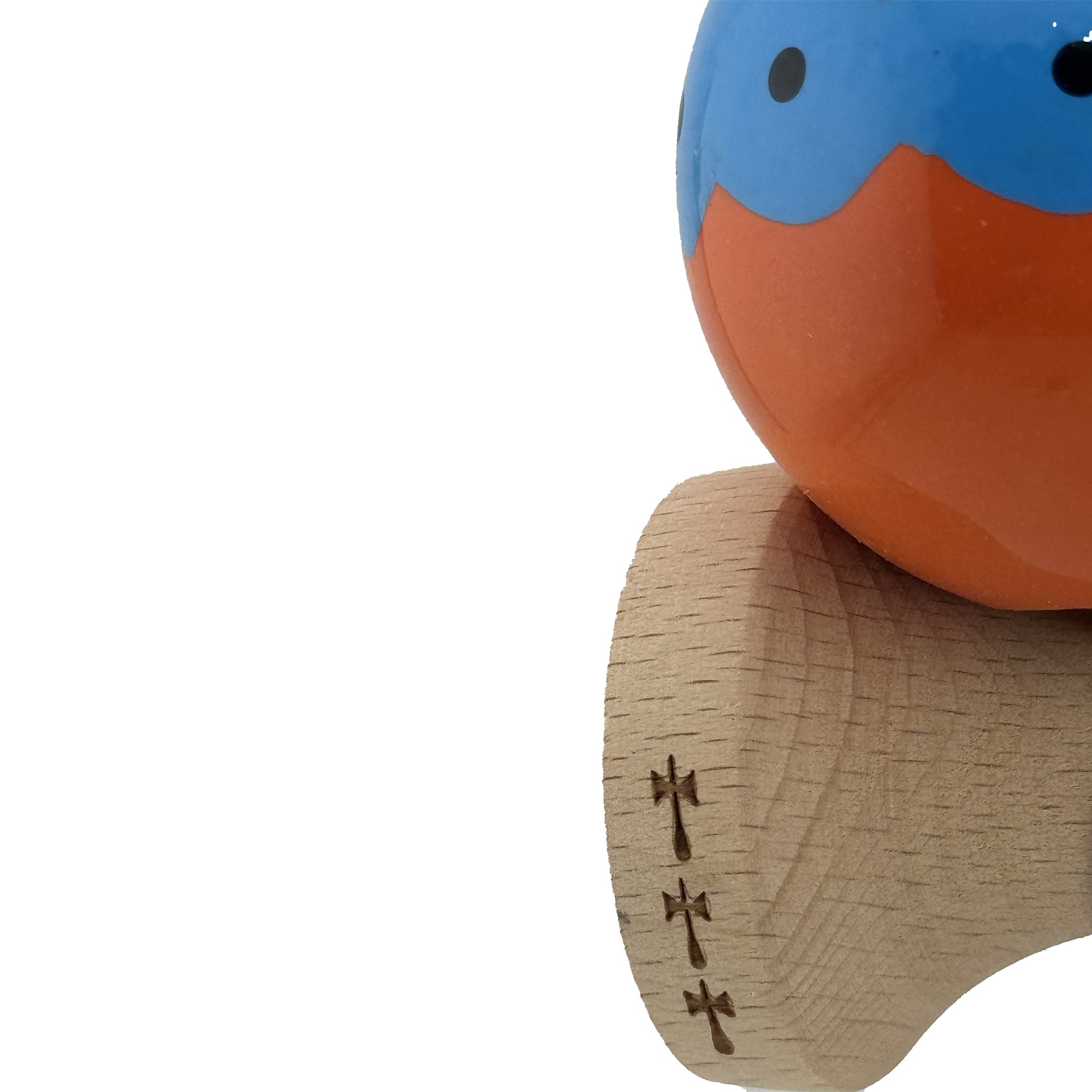 Kendama X Originala, Profesionala, Flippy, Big Cups V2, Super Sticky cu Cupe Mari, din lemn 18 cm, Rulment Metalic cu Ata 55 cm, Albastru/Portocaliu