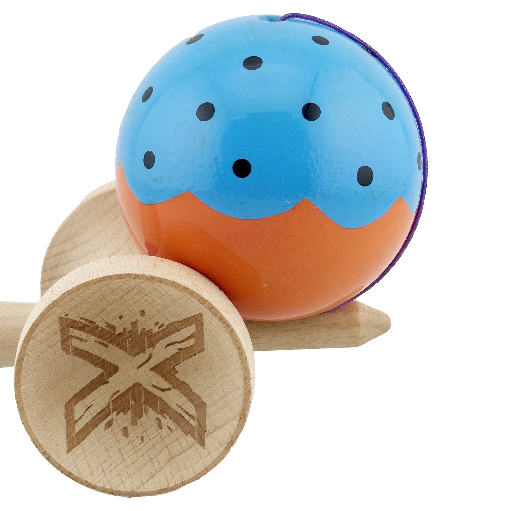 Kendama X Originala, Profesionala, Flippy, Big Cups V2, Super Sticky cu Cupe Mari, din lemn 18 cm, Rulment Metalic cu Ata 55 cm, Albastru/Portocaliu