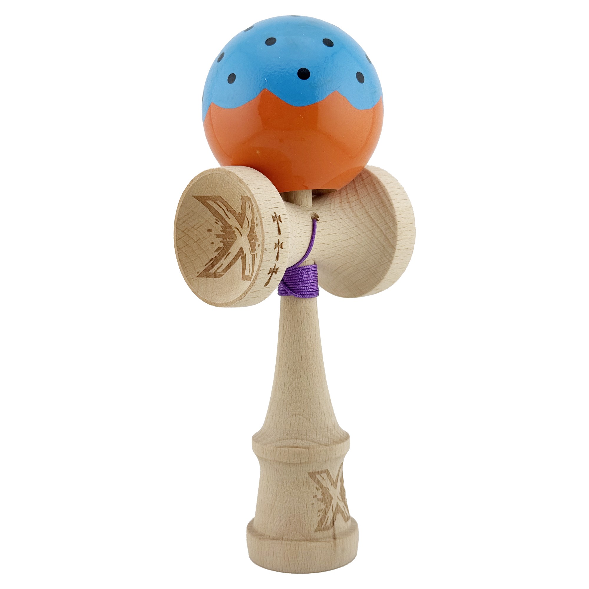 Kendama X Originala, Profesionala, Flippy, Big Cups V2, Super Sticky cu Cupe Mari, din lemn 18 cm, Rulment Metalic cu Ata 55 cm, Albastru/Portocaliu