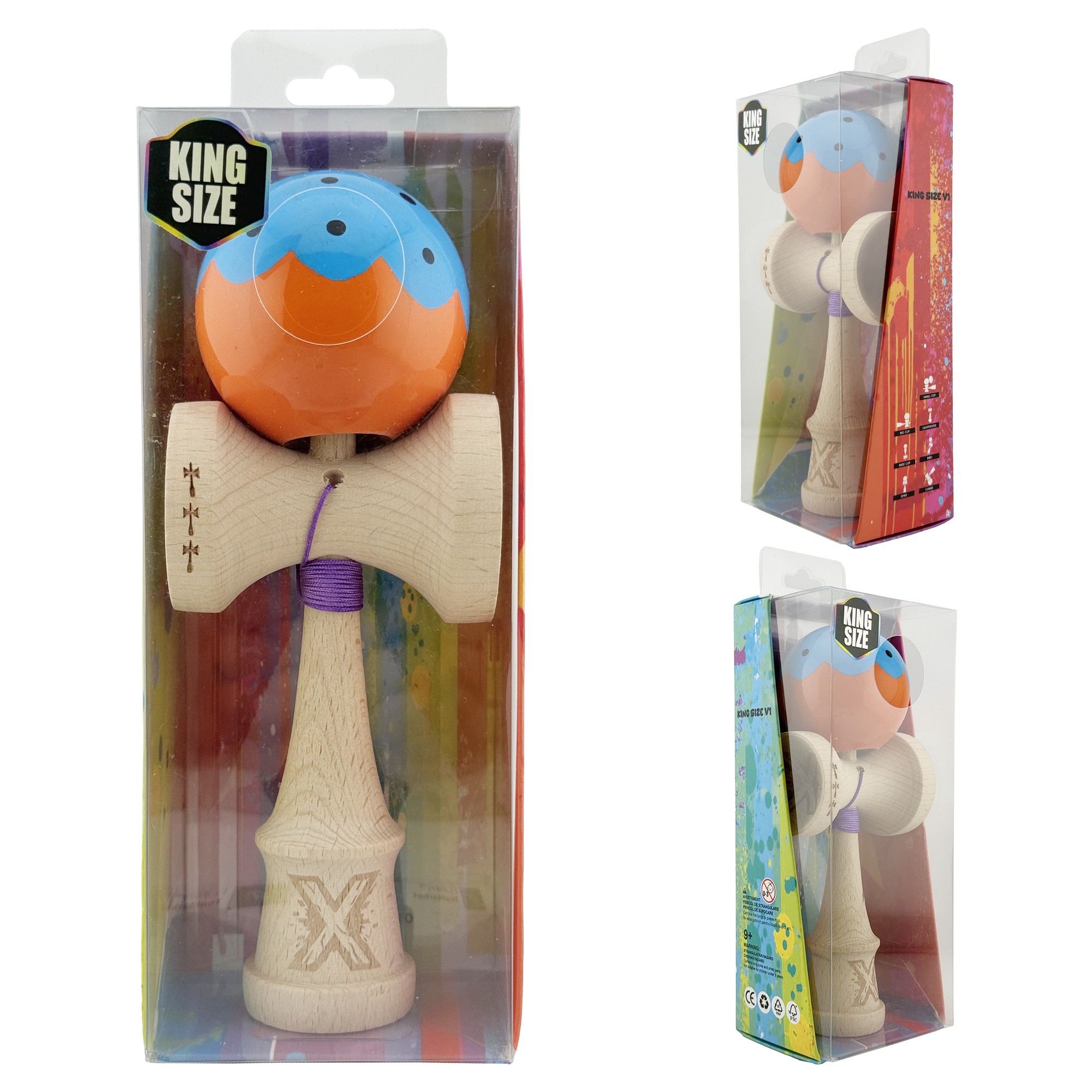 Kendama X Originala, Profesionala, Flippy, Big Cups V2, Super Sticky cu Cupe Mari, din lemn 18 cm, Rulment Metalic cu Ata 55 cm, Albastru/Portocaliu