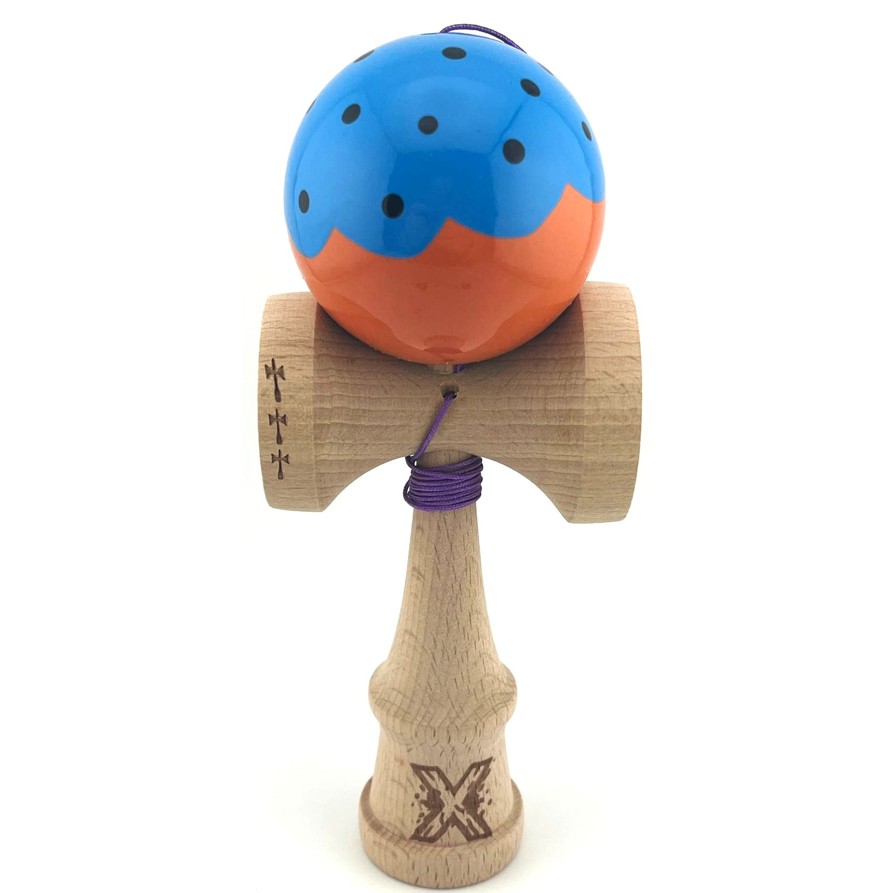 Kendama X Originala, Profesionala, Flippy, Big Cups V2, Super Sticky cu Cupe Mari, din lemn 18 cm, Rulment Metalic cu Ata 55 cm, Albastru/Portocaliu