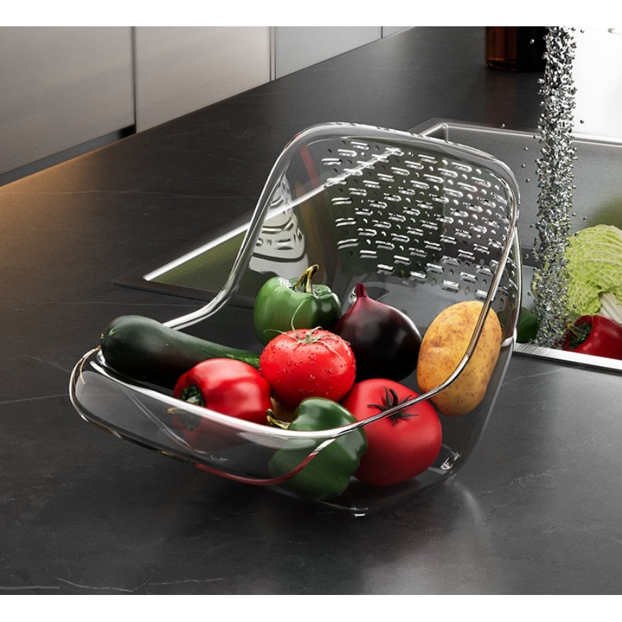 Cos de Spalat Legume/Fructe, Flippy, cu Scurgere Apa, din PET, 15.5 x 18.6 x 16.2 cm, Gri