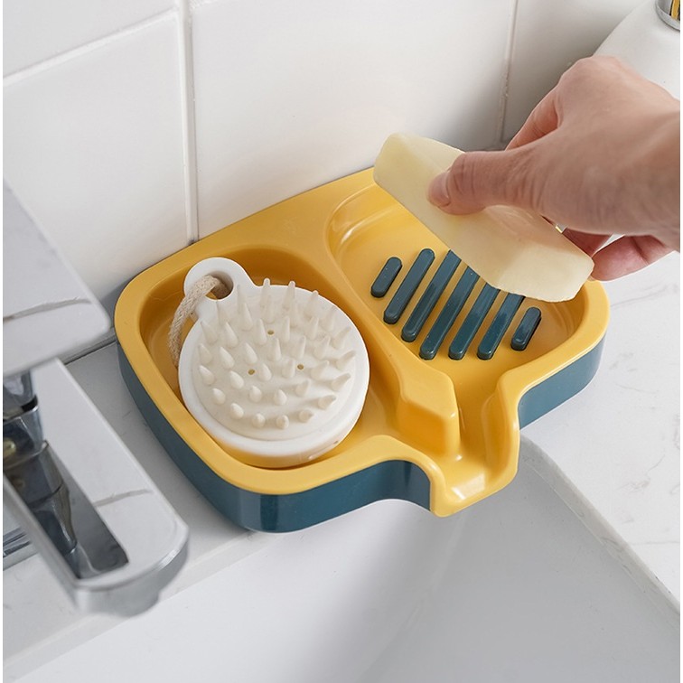 Savoniera Dubla, Flippy, Sistem de Scurgere a Apei, din ABS, 14.5 x 18 x 3 cm, Albastru/Galben