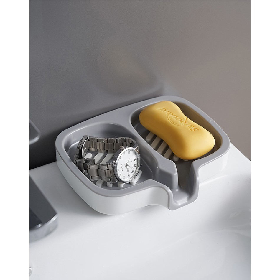 Savoniera Dubla, Flippy, Sistem de Scurgere a Apei, din ABS, 14.5 x 18 x 3 cm, Alb/Gri