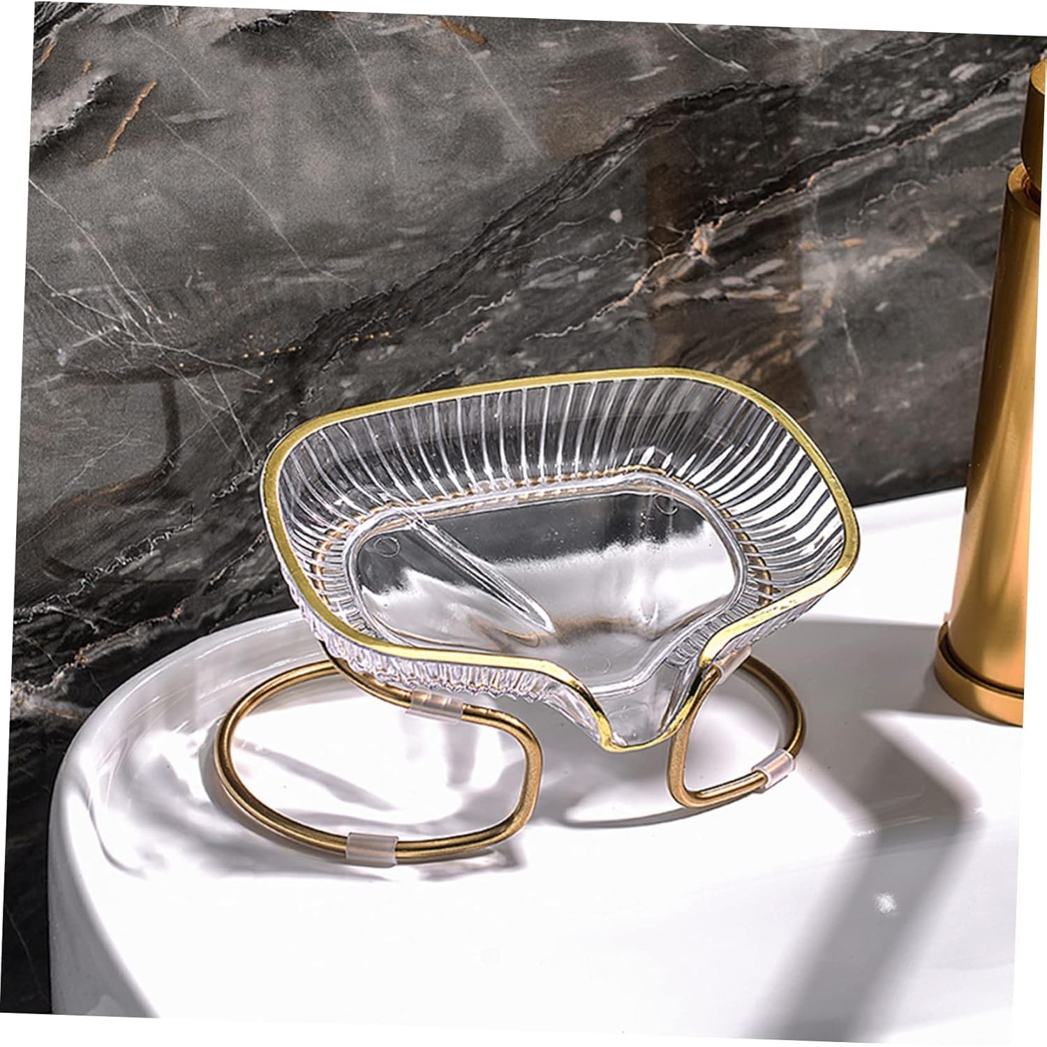 Savoniera cu Suport, Flippy, Sistem de Scurgere a Apei, Margine Aurie, 14 x 8.5 x 9 cm, din TPE, Transparent