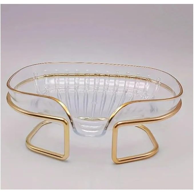 Savoniera cu Suport, Flippy, Sistem de Scurgere a Apei, Margine Aurie, 14 x 8.5 x 9 cm, din TPE, Transparent