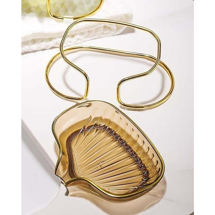 Savoniera cu Suport, Flippy, Sistem de Scurgere a Apei, Margine Aurie, 14 x 8.5 x 9 cm, din TPE, Auriu