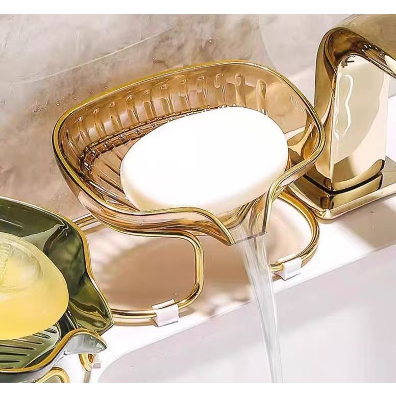 Savoniera cu Suport, Flippy, Sistem de Scurgere a Apei, Margine Aurie, 14 x 8.5 x 9 cm, din TPE, Auriu