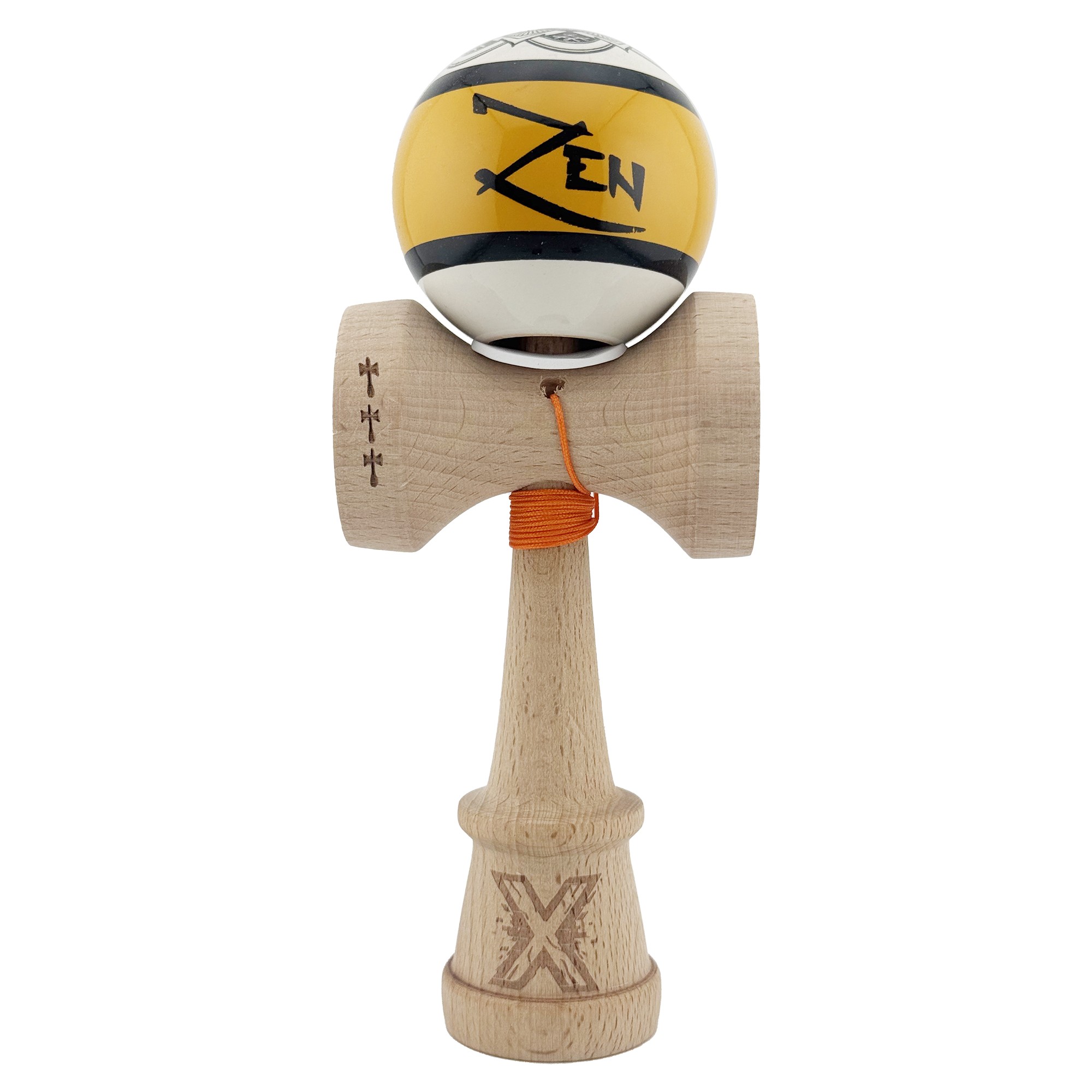 Kendama X Zen Series Originala, Profesionala, Flippy, Cupe Mari KING SIZE V3, Super Sticky, Gaura in Baza, Rulment Metalic, din lemn 18 cm, Ata 55 cm, Auriu