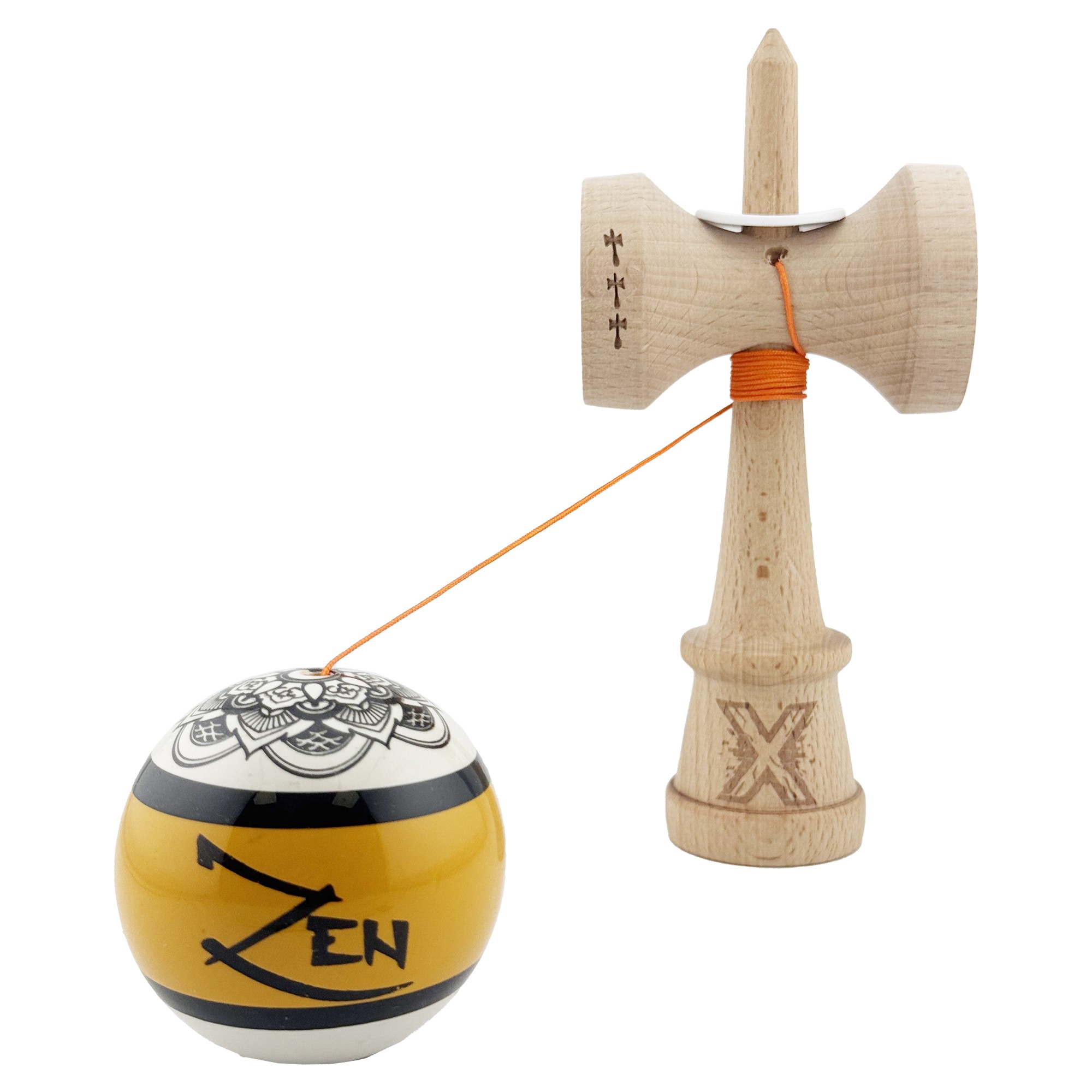 Kendama X Zen Series Originala, Profesionala, Flippy, Cupe Mari KING SIZE V3, Super Sticky, Gaura in Baza, Rulment Metalic, din lemn 18 cm, Ata 55 cm, Auriu