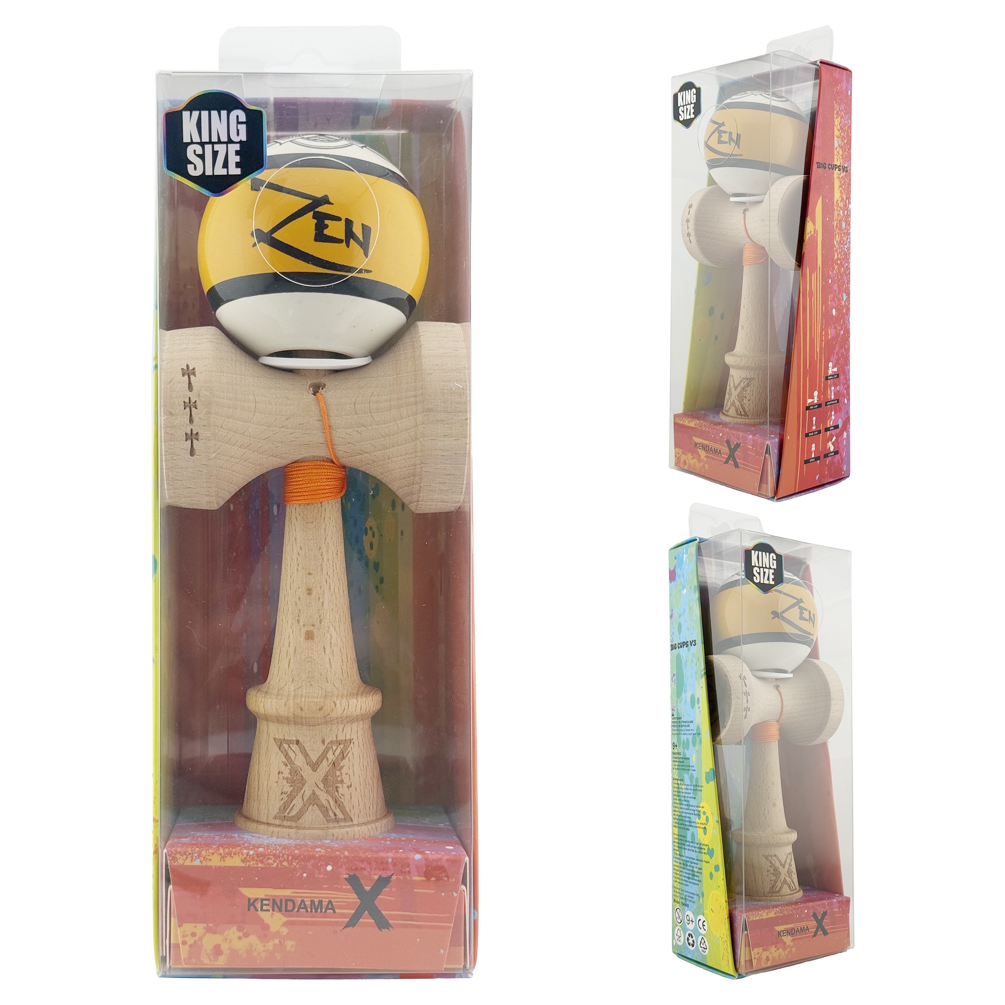 Kendama X Zen Series Originala, Profesionala, Flippy, Cupe Mari KING SIZE V3, Super Sticky, Gaura in Baza, Rulment Metalic, din lemn 18 cm, Ata 55 cm, Auriu