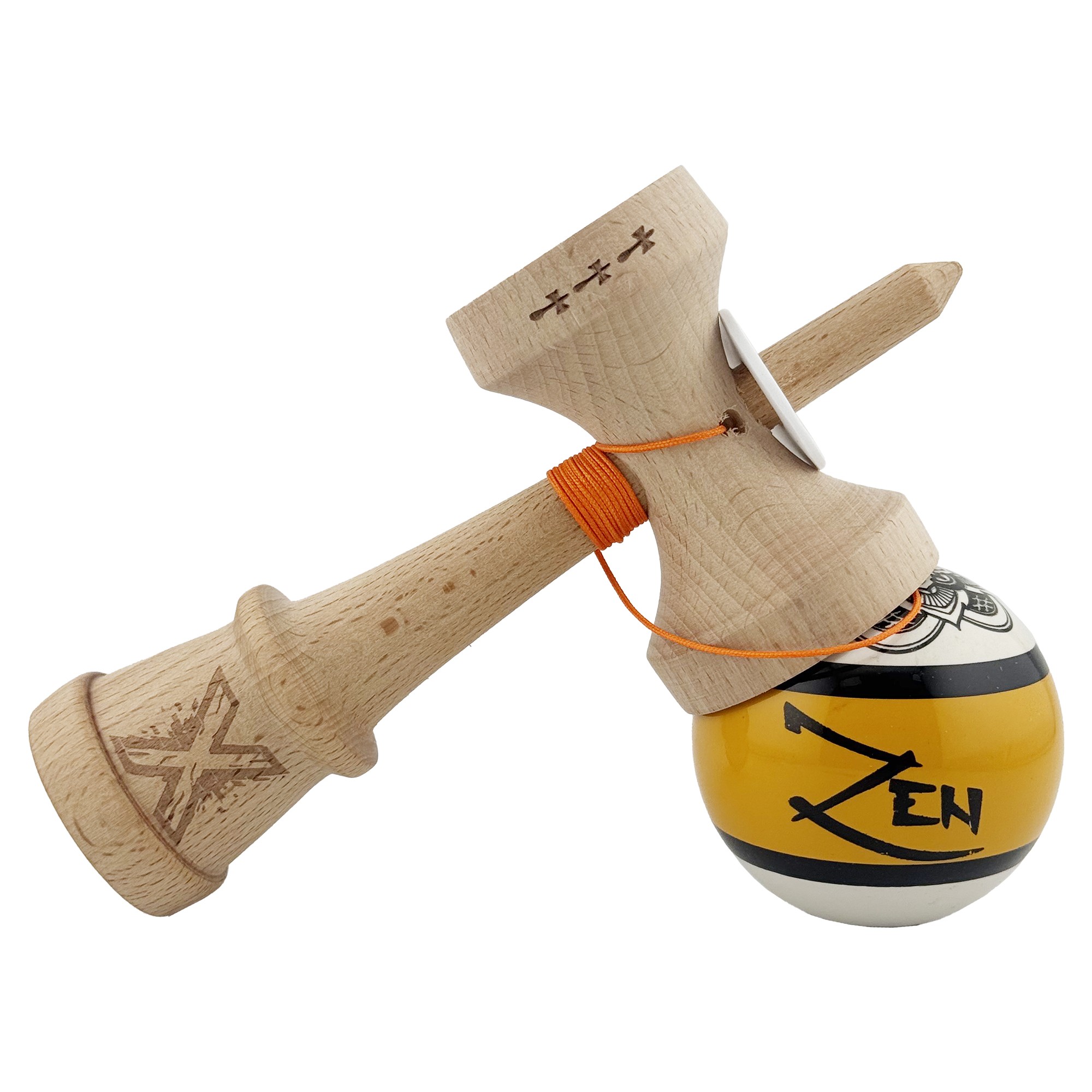 Kendama X Zen Series Originala, Profesionala, Flippy, Cupe Mari KING SIZE V3, Super Sticky, Gaura in Baza, Rulment Metalic, din lemn 18 cm, Ata 55 cm, Auriu