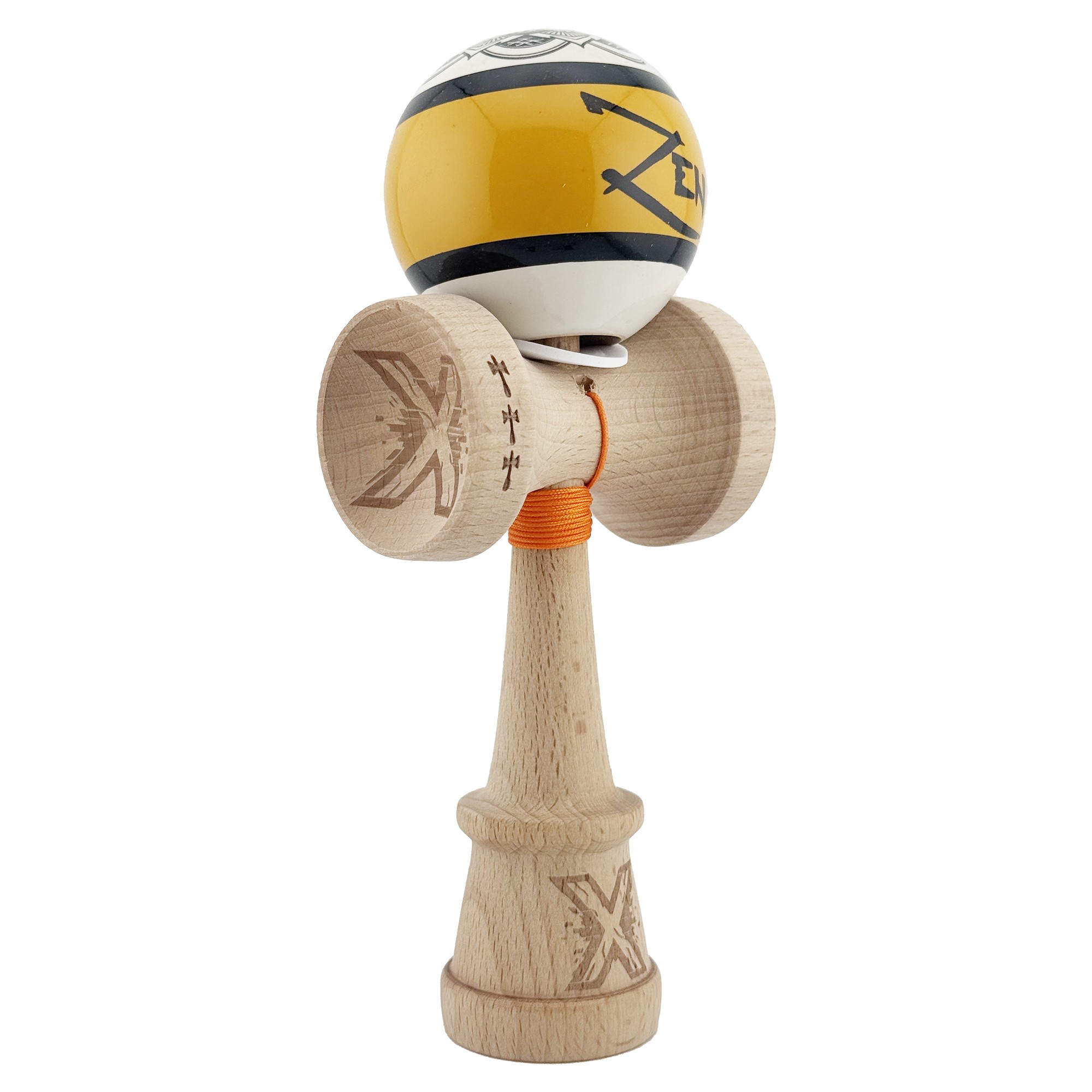 Kendama X Zen Series Originala, Profesionala, Flippy, Cupe Mari KING SIZE V3, Super Sticky, Gaura in Baza, Rulment Metalic, din lemn 18 cm, Ata 55 cm, Auriu