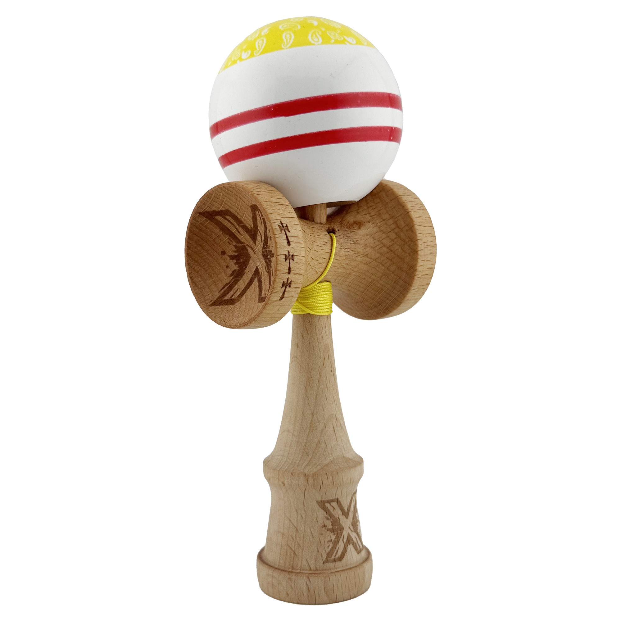 Kendama X CHICANOS Originala, Profesionala, Flippy, Big Cups V2, Super Sticky cu Cupe Mari, Rulment Metalic, din lemn 18 cm, Ata 55 cm, Auriu/Alb