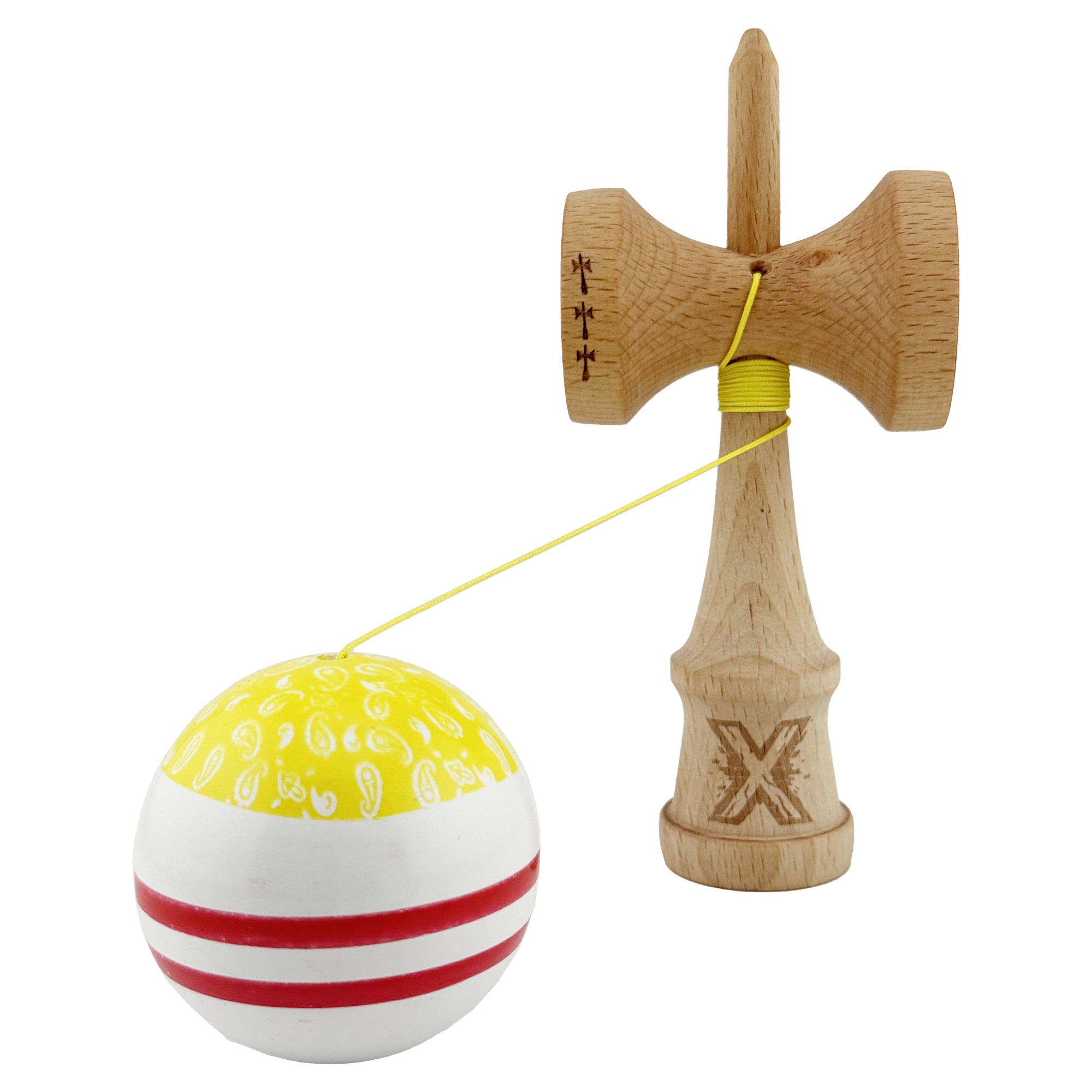 Kendama X CHICANOS Originala, Profesionala, Flippy, Big Cups V2, Super Sticky cu Cupe Mari, Rulment Metalic, din lemn 18 cm, Ata 55 cm, Auriu/Alb