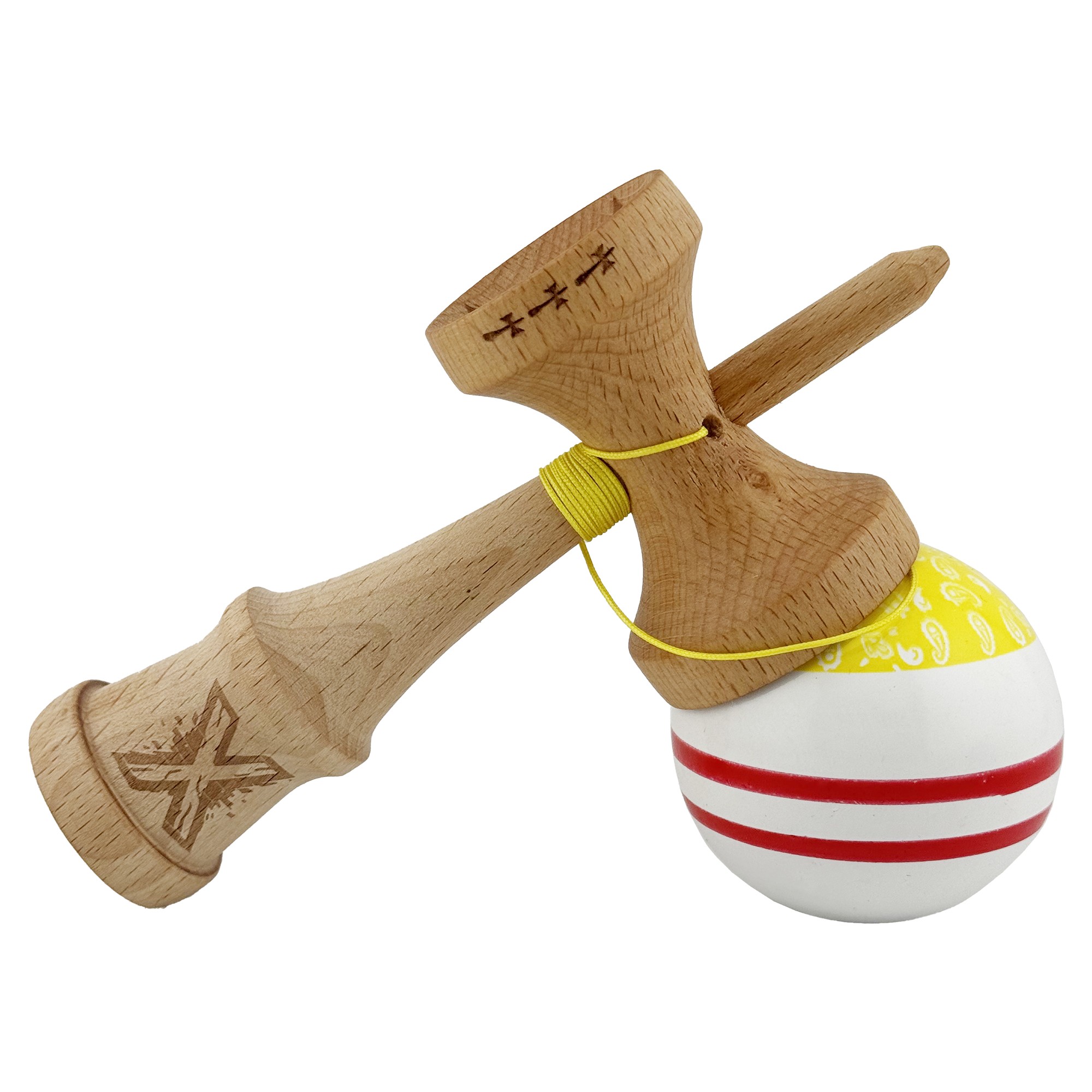 Kendama X CHICANOS Originala, Profesionala, Flippy, Big Cups V2, Super Sticky cu Cupe Mari, Rulment Metalic, din lemn 18 cm, Ata 55 cm, Auriu/Alb
