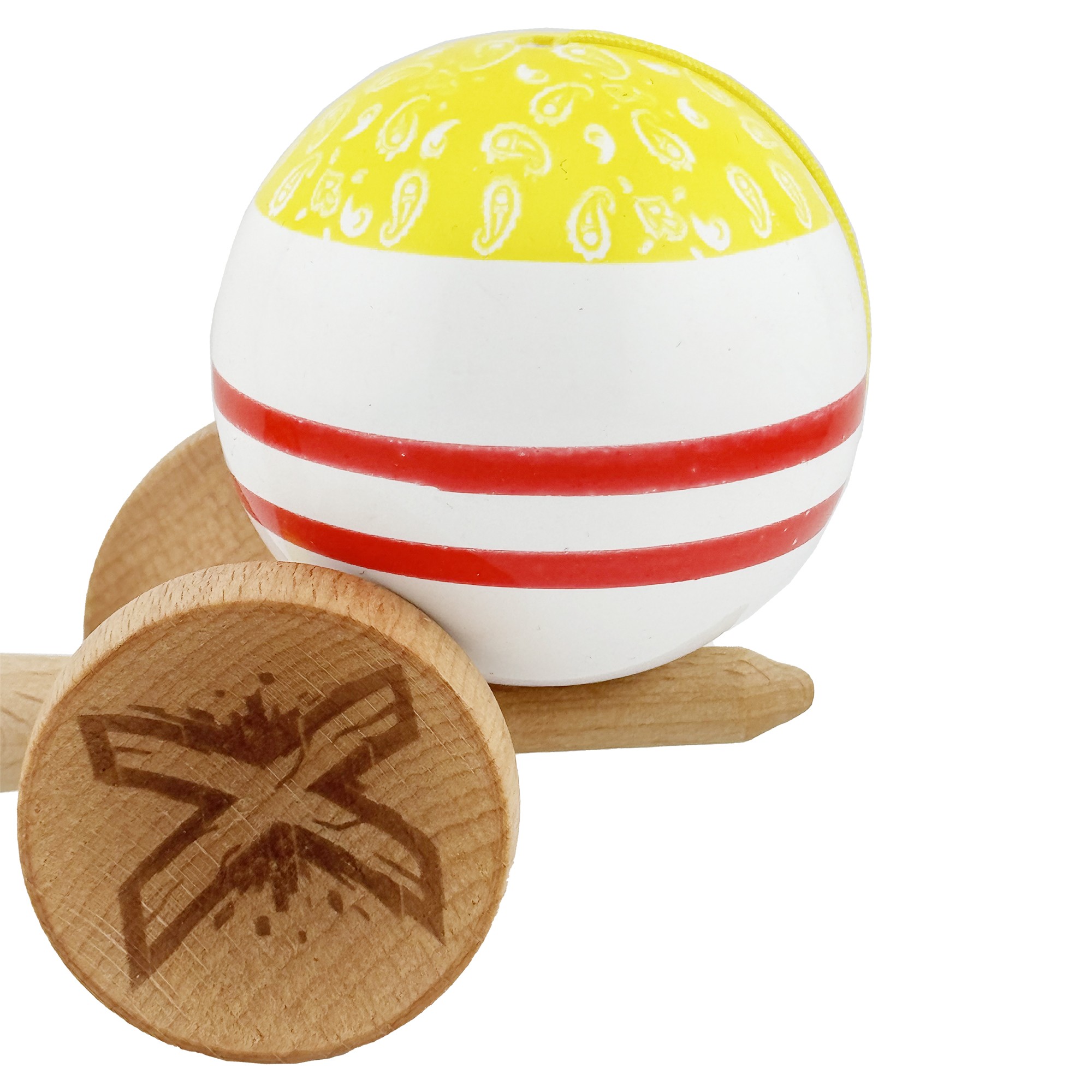 Kendama X CHICANOS Originala, Profesionala, Flippy, Big Cups V2, Super Sticky cu Cupe Mari, Rulment Metalic, din lemn 18 cm, Ata 55 cm, Auriu/Alb