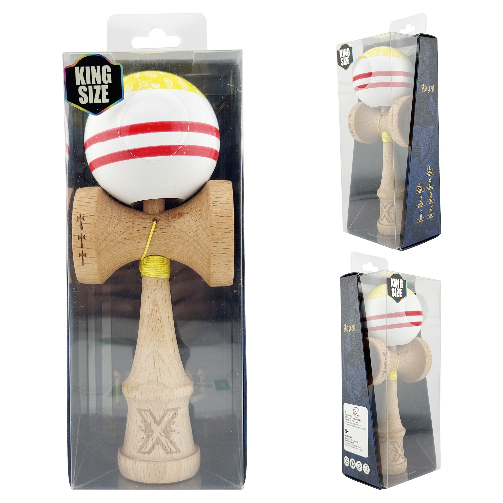 Kendama X CHICANOS Originala, Profesionala, Flippy, Big Cups V2, Super Sticky cu Cupe Mari, Rulment Metalic, din lemn 18 cm, Ata 55 cm, Auriu/Alb