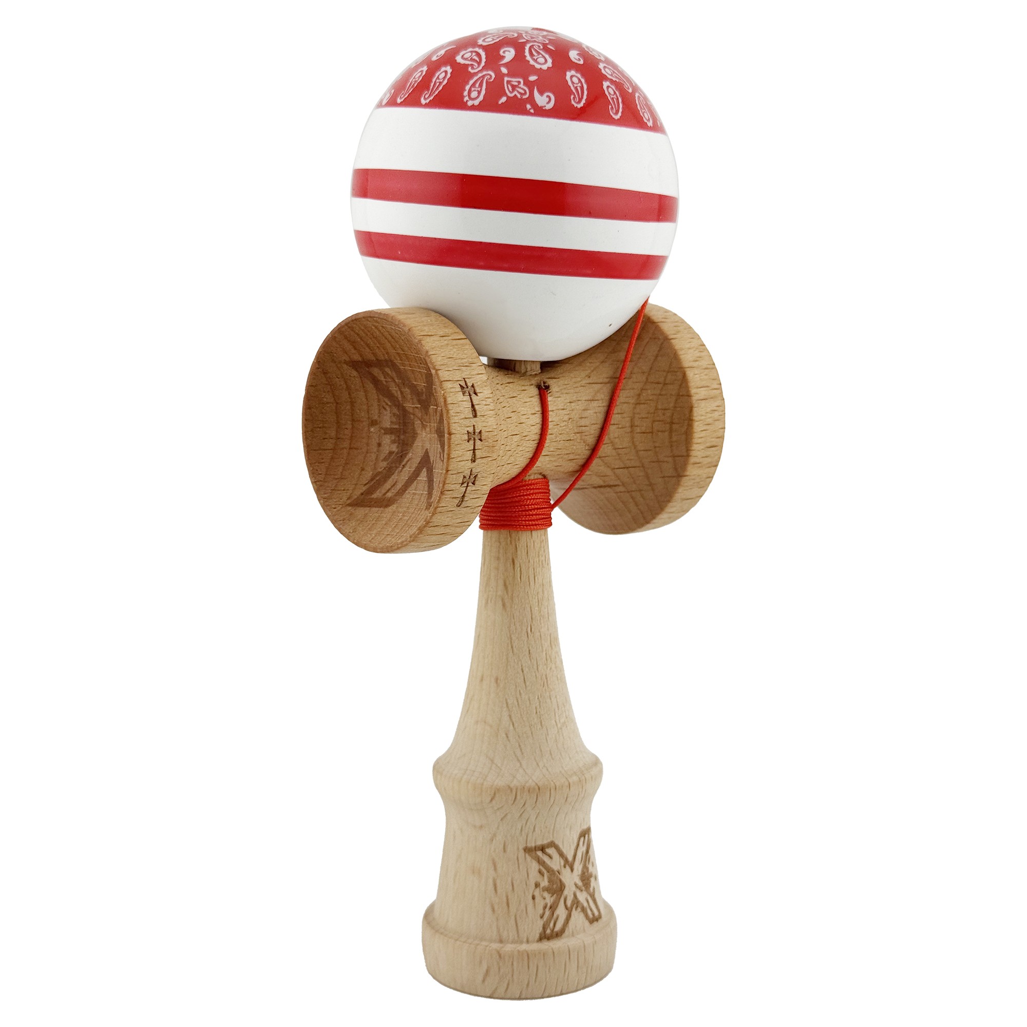 Kendama X CHICANOS Originala, Profesionala, Flippy, Big Cups V2, Super Sticky cu Cupe Mari, Rulment Metalic, din lemn 18 cm, Ata 55 cm, Rosu/Alb