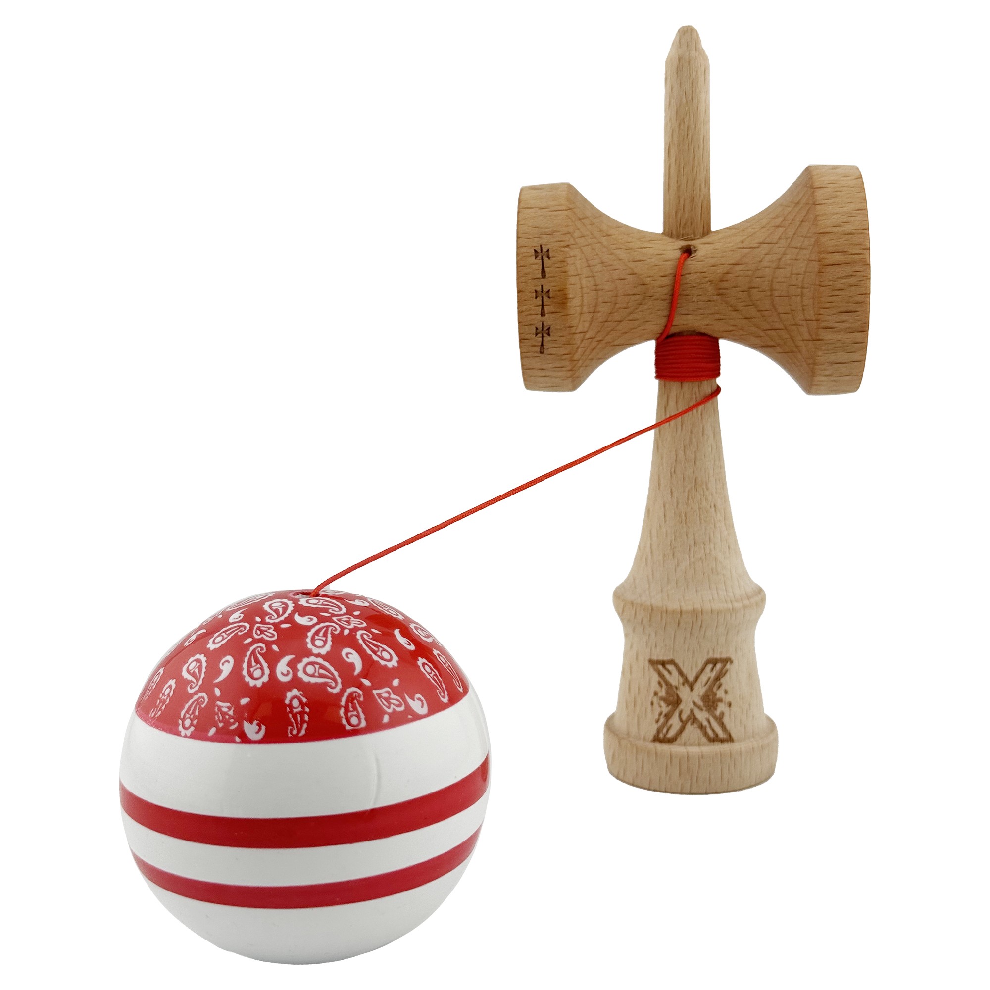 Kendama X CHICANOS Originala, Profesionala, Flippy, Big Cups V2, Super Sticky cu Cupe Mari, Rulment Metalic, din lemn 18 cm, Ata 55 cm, Rosu/Alb